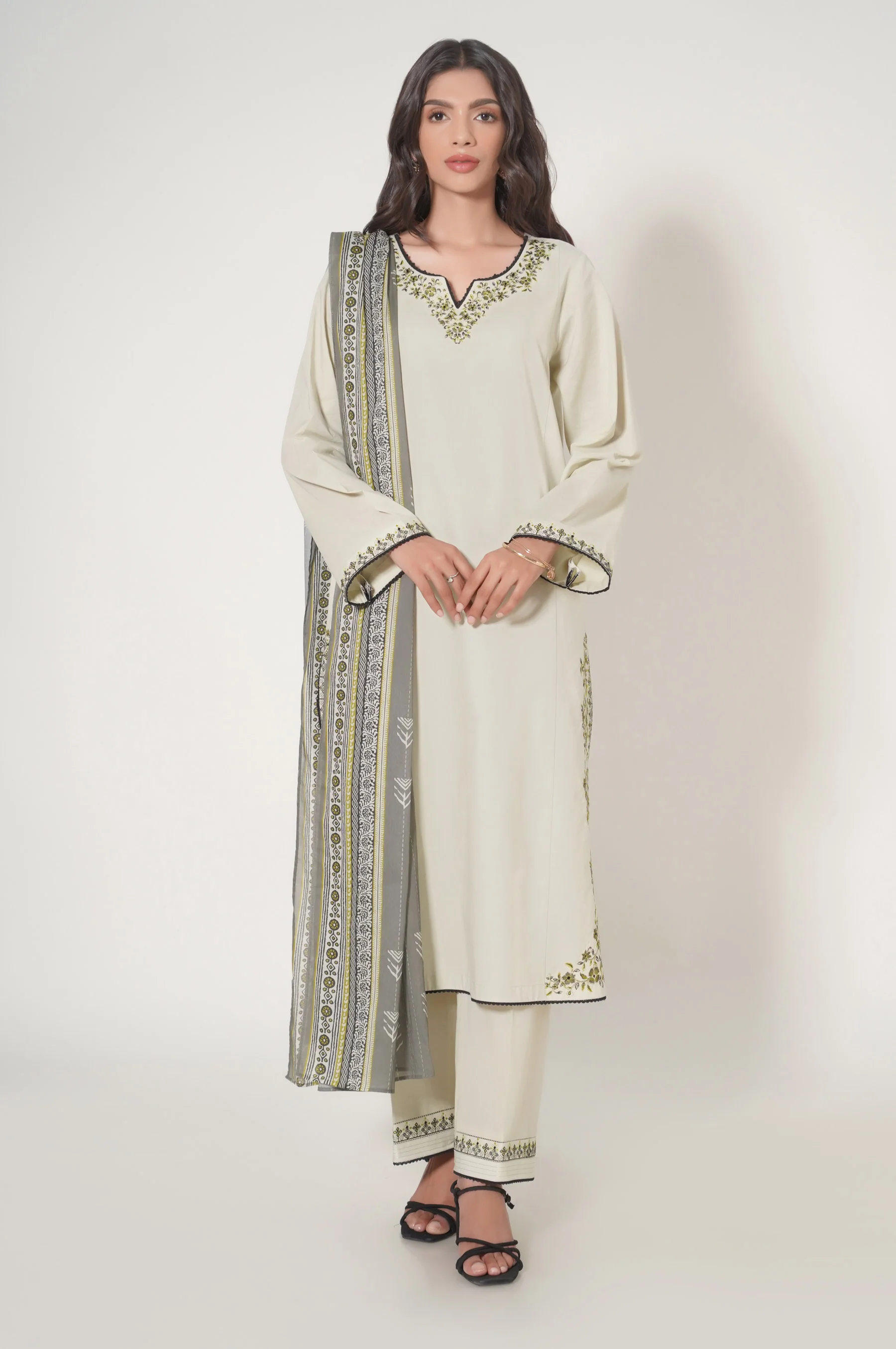 Stitched 3 Piece Embroidered Slub Cambric Suit