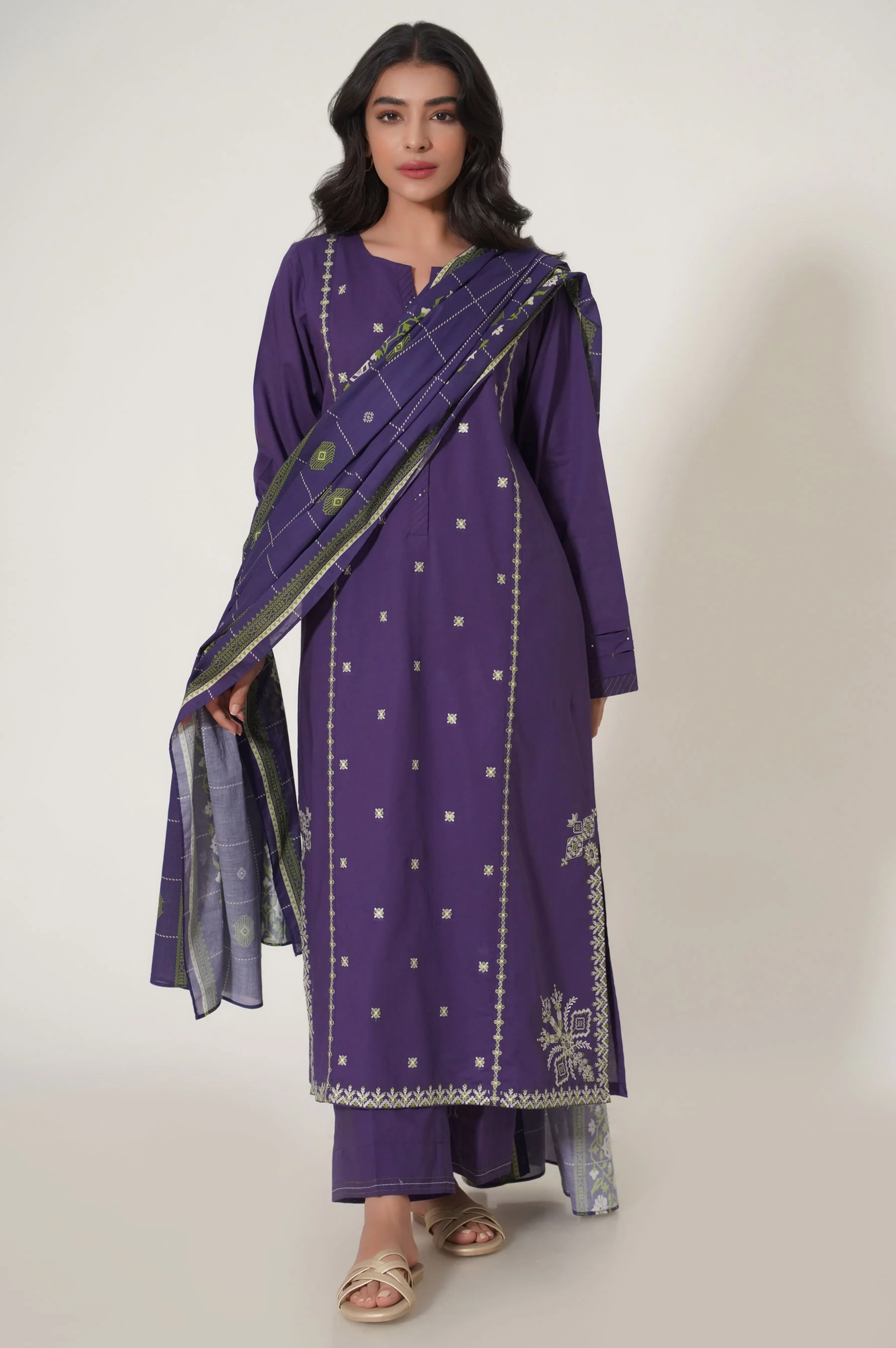 Stitched 3 Piece Embroidered Slub Cambric Suit