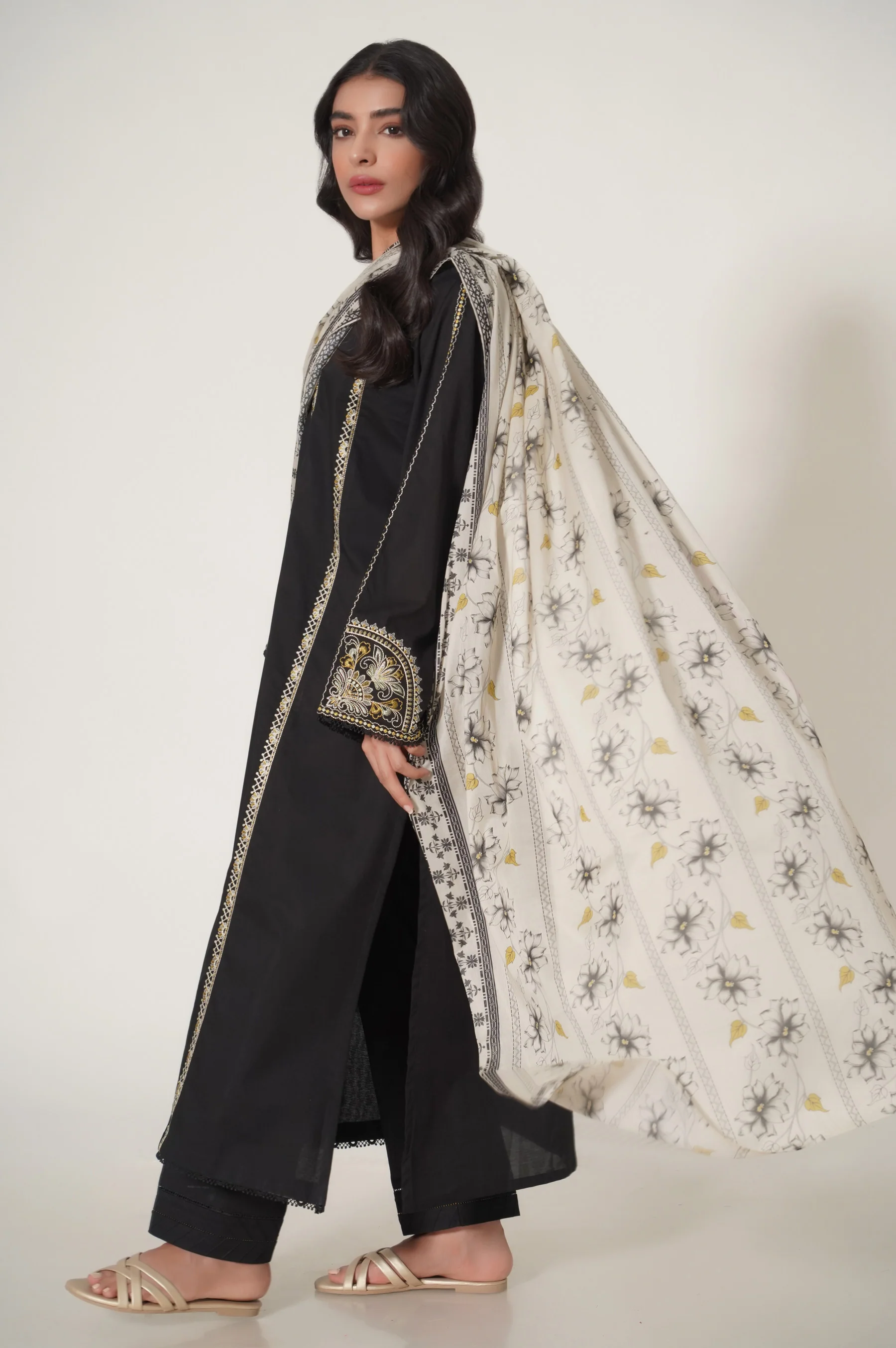 Stitched 3 Piece Embroidered Slub Cambric Suit - Image 3