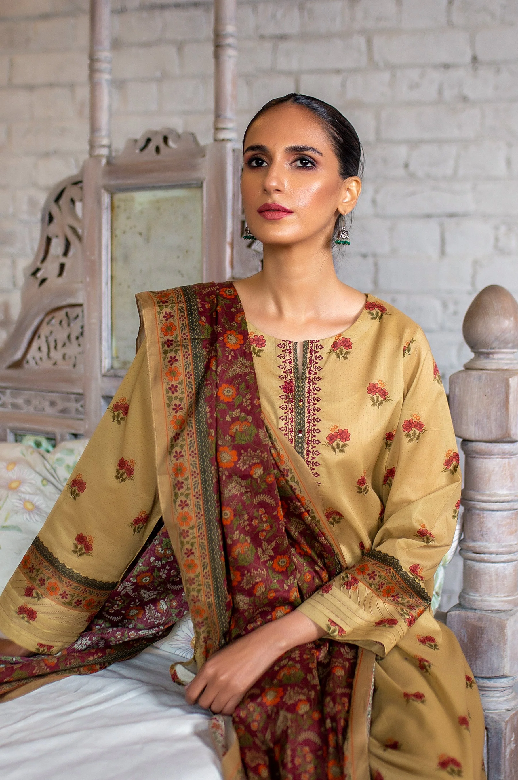 Stitched 3 Piece Embroidered Slub Lawn Suit with Printed Lawn Dupatta - Image 3