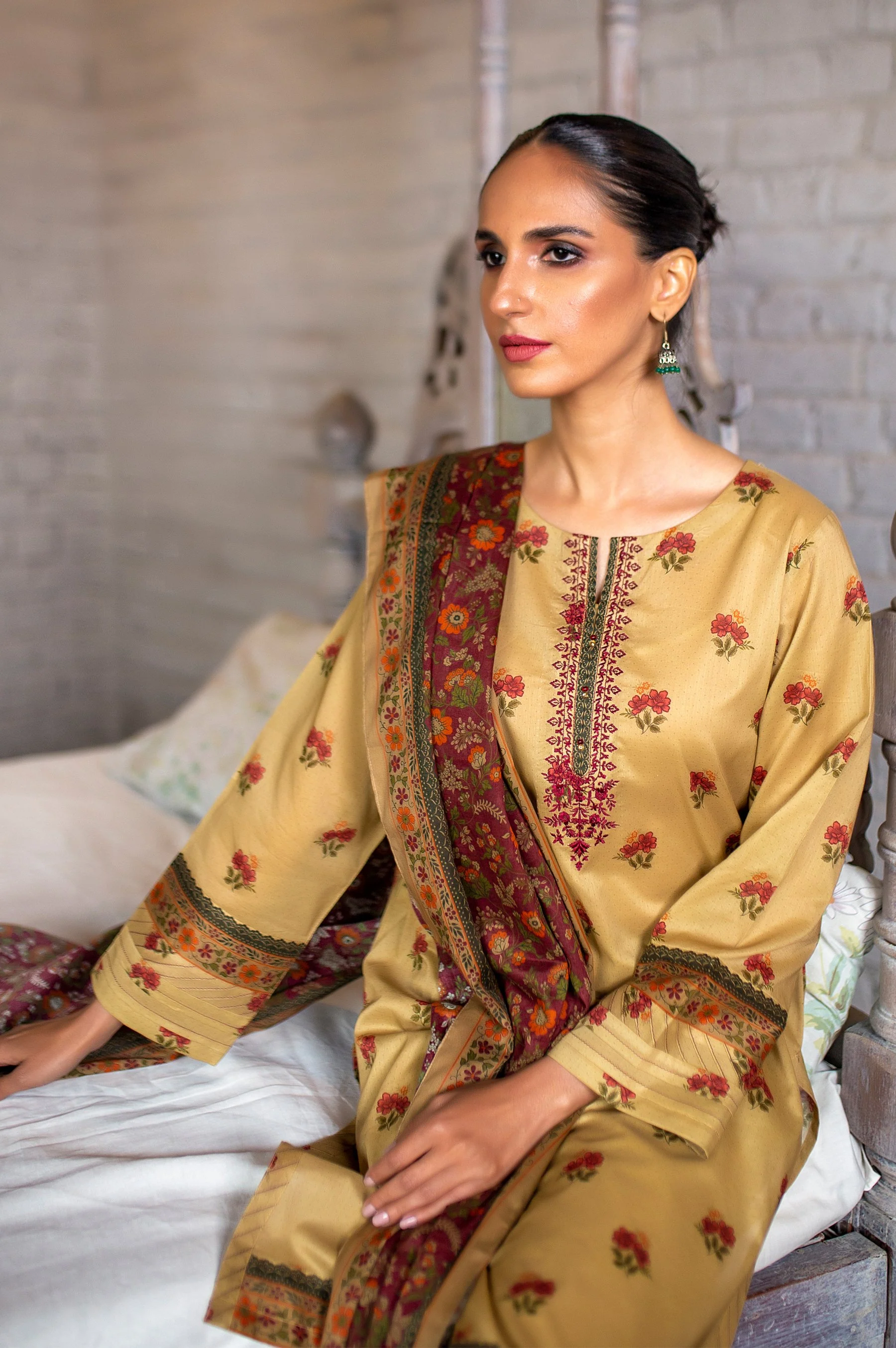 Stitched 3 Piece Embroidered Slub Lawn Suit with Printed Lawn Dupatta - Image 4