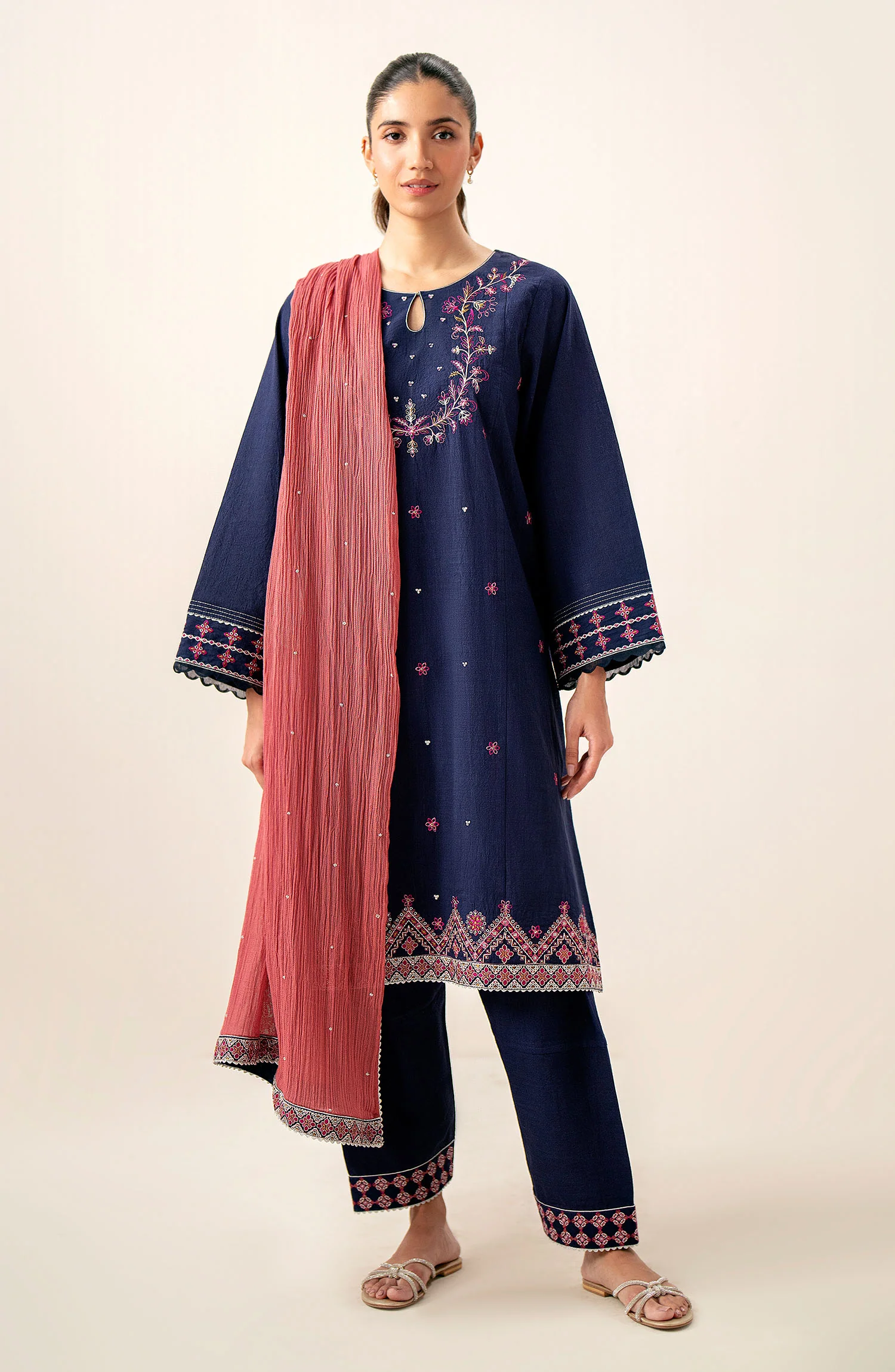 Stitched 3 Piece Embroidered Slub Lawn Suit