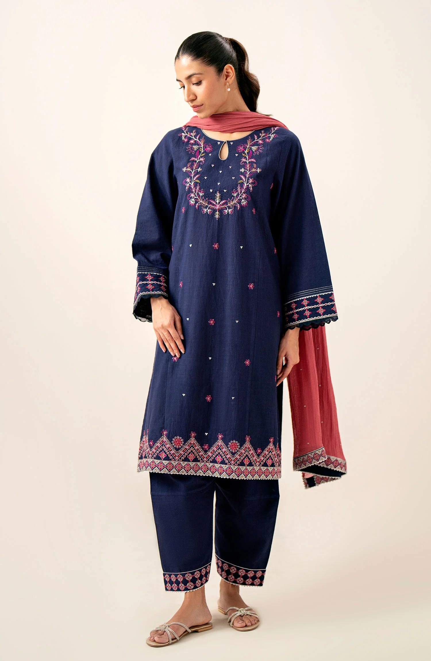 Stitched 3 Piece Embroidered Slub Lawn Suit - Image 2