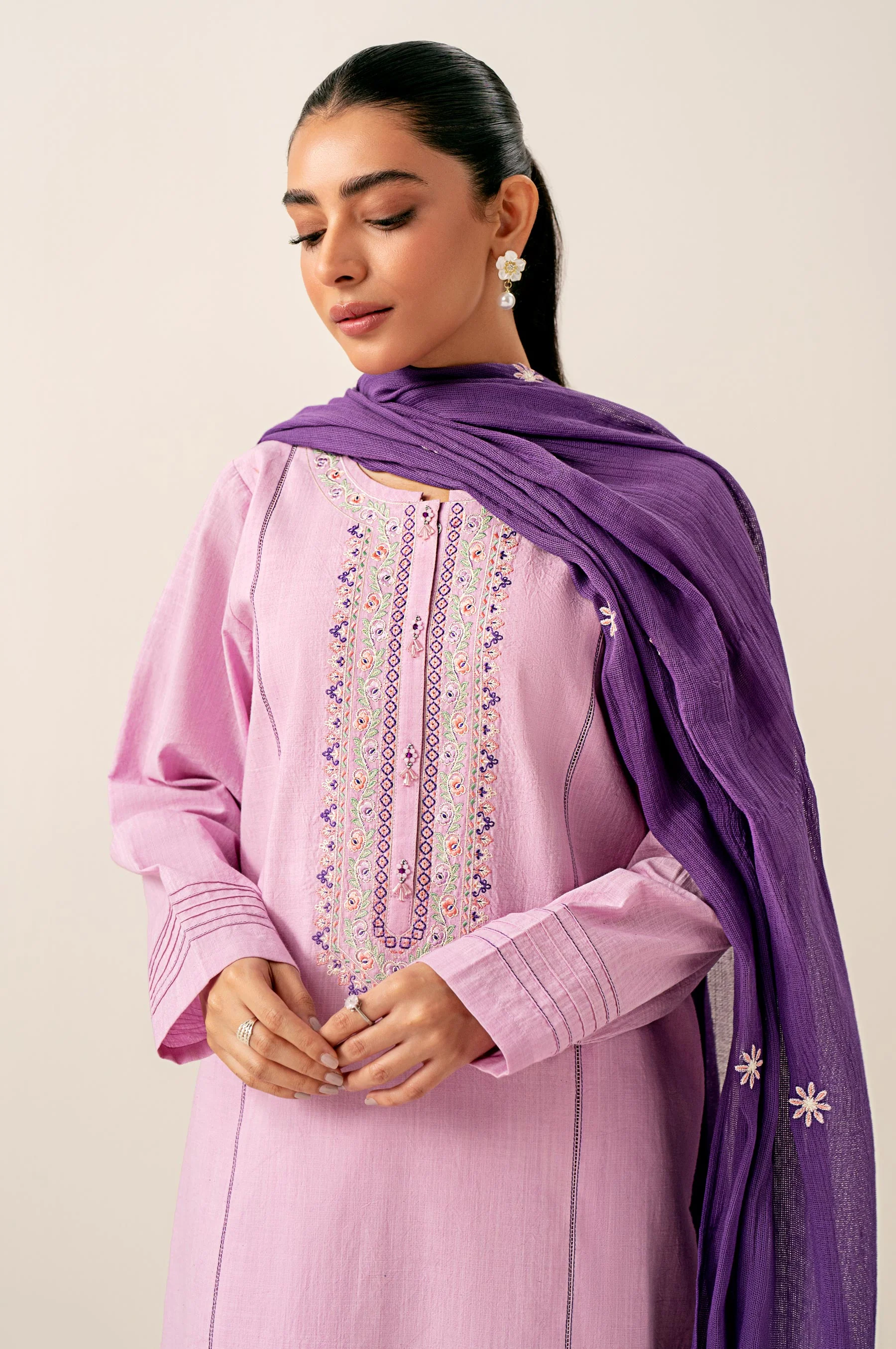 Stitched 3 Piece Embroidered Slub Lawn Suit - Image 2