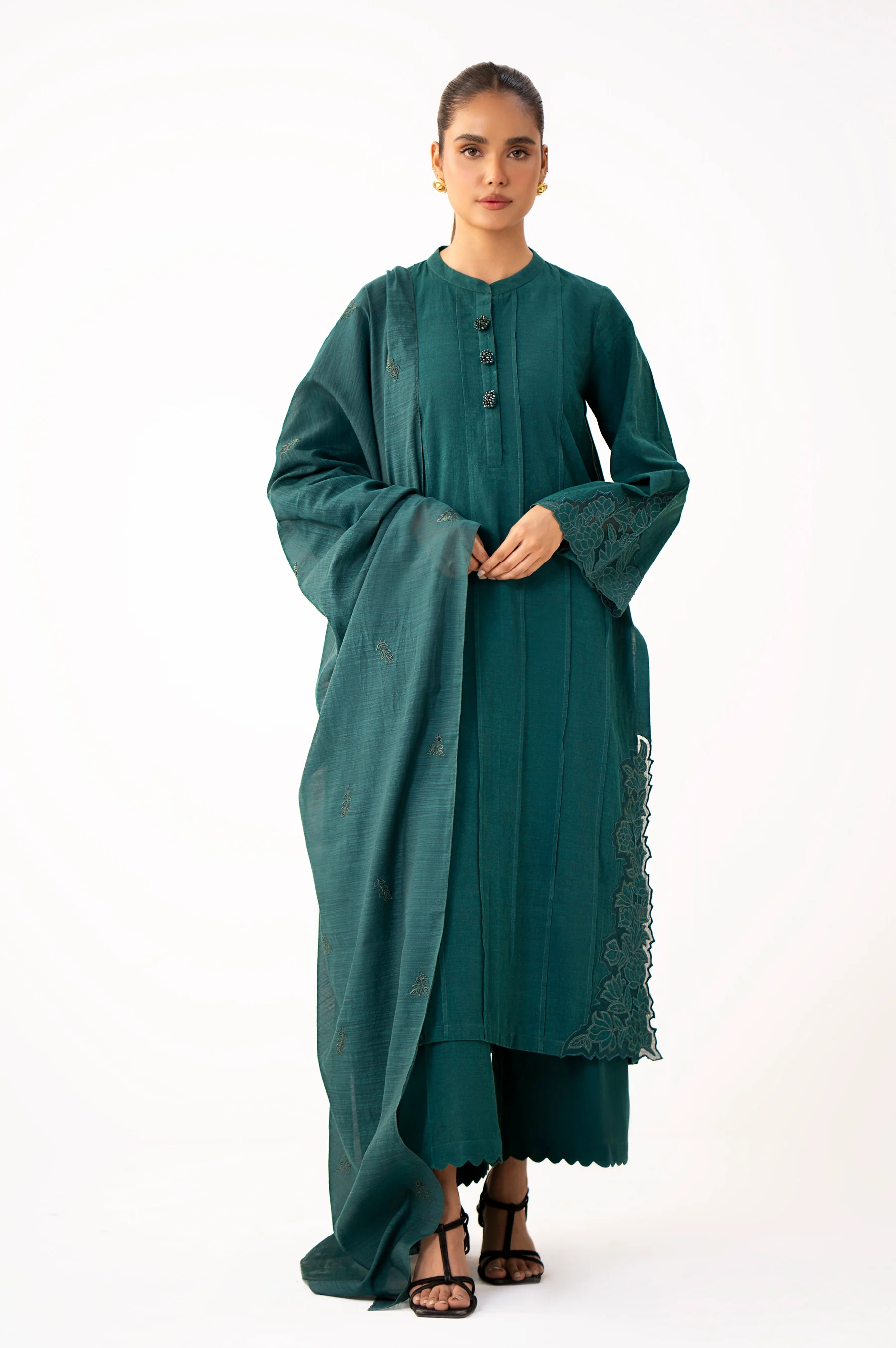 Stitched 3 Piece Embroidered Slub Suit