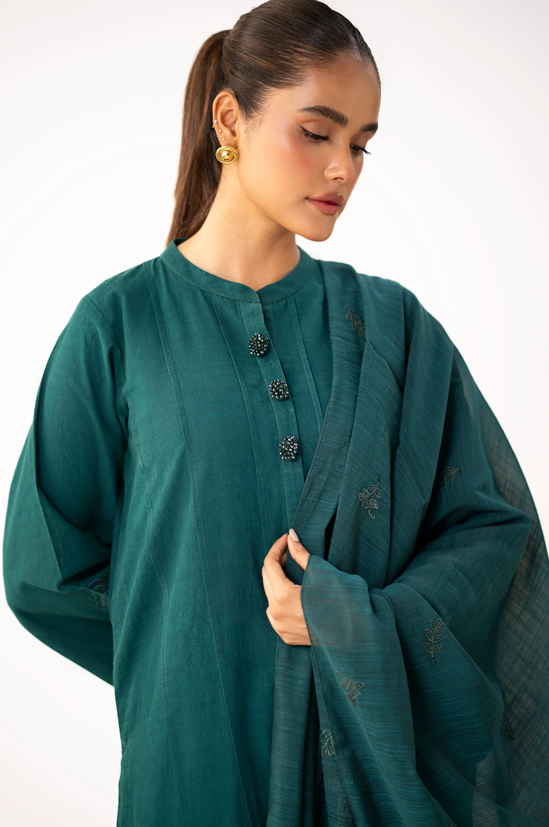 Stitched 3 Piece Embroidered Slub Suit - Image 2