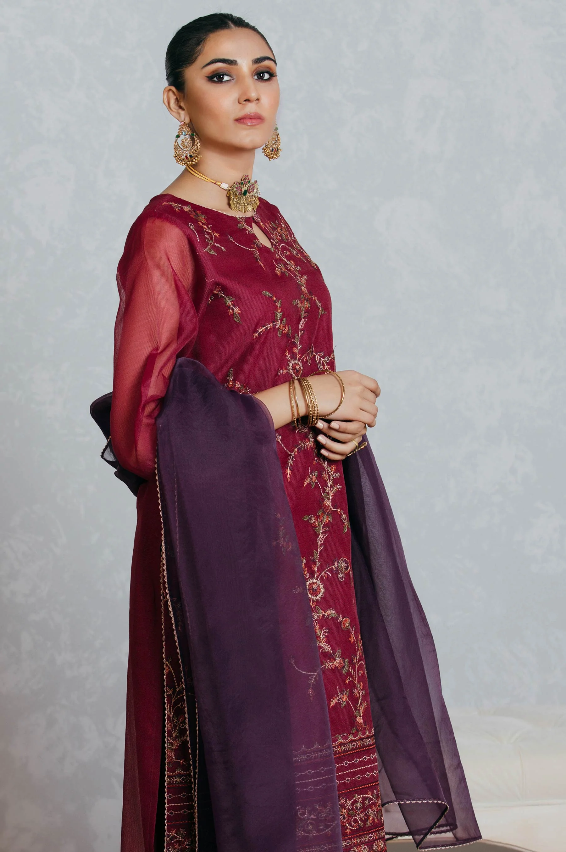Stitched 3 Piece Textured Organza Embroidered Suit - Image 5