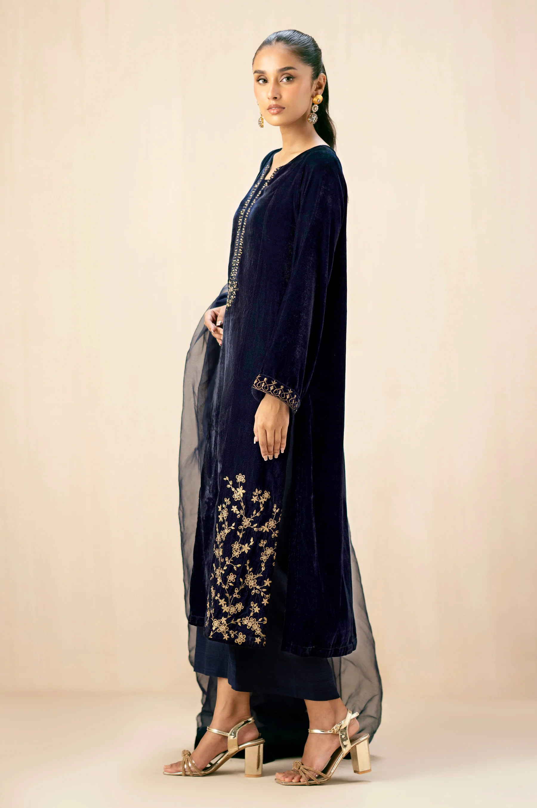 Stitched 3 Piece Embroidered Velvet Suit - Midnight Blue - Image 3