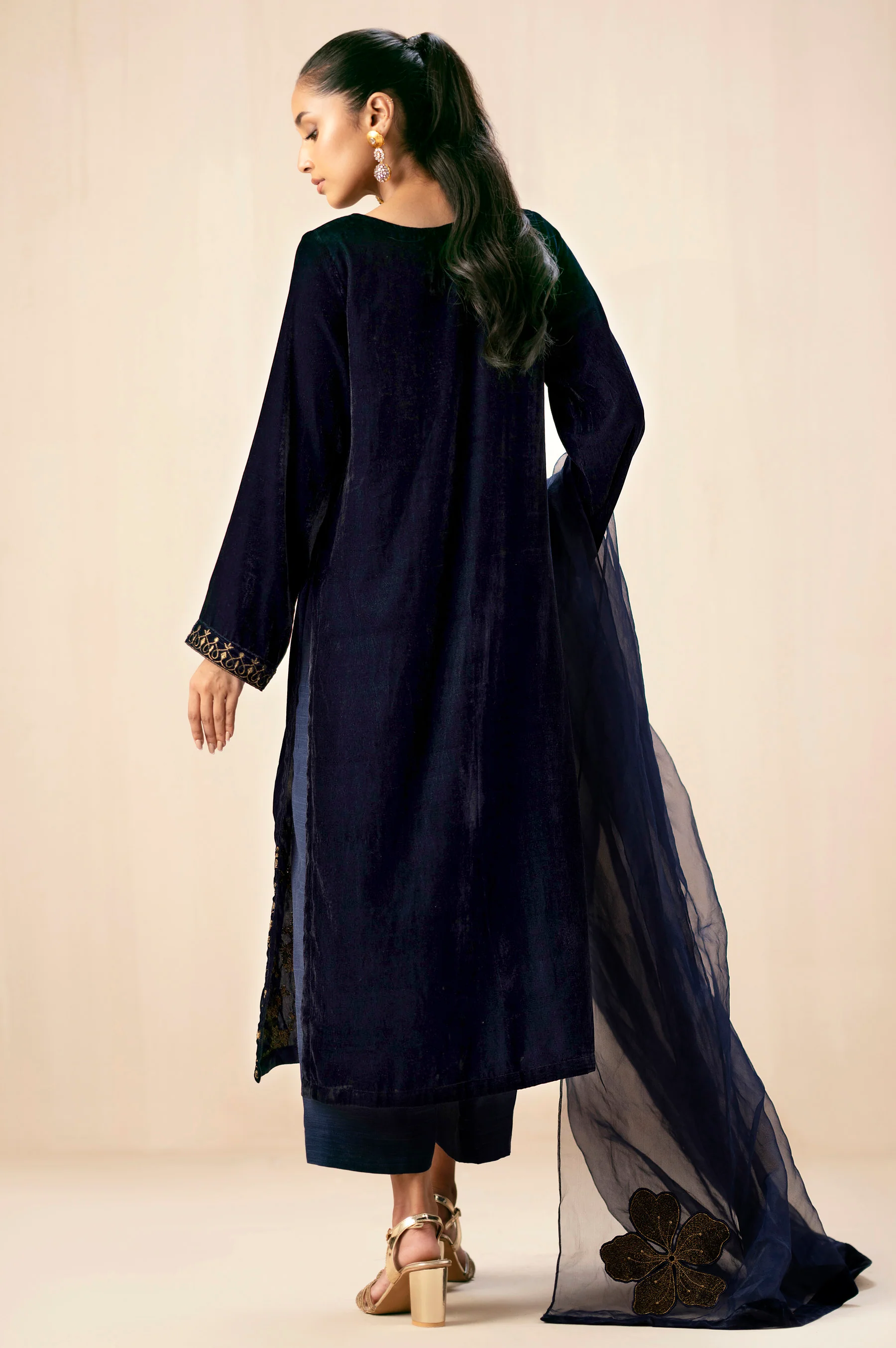 Stitched 3 Piece Embroidered Velvet Suit - Midnight Blue - Image 4