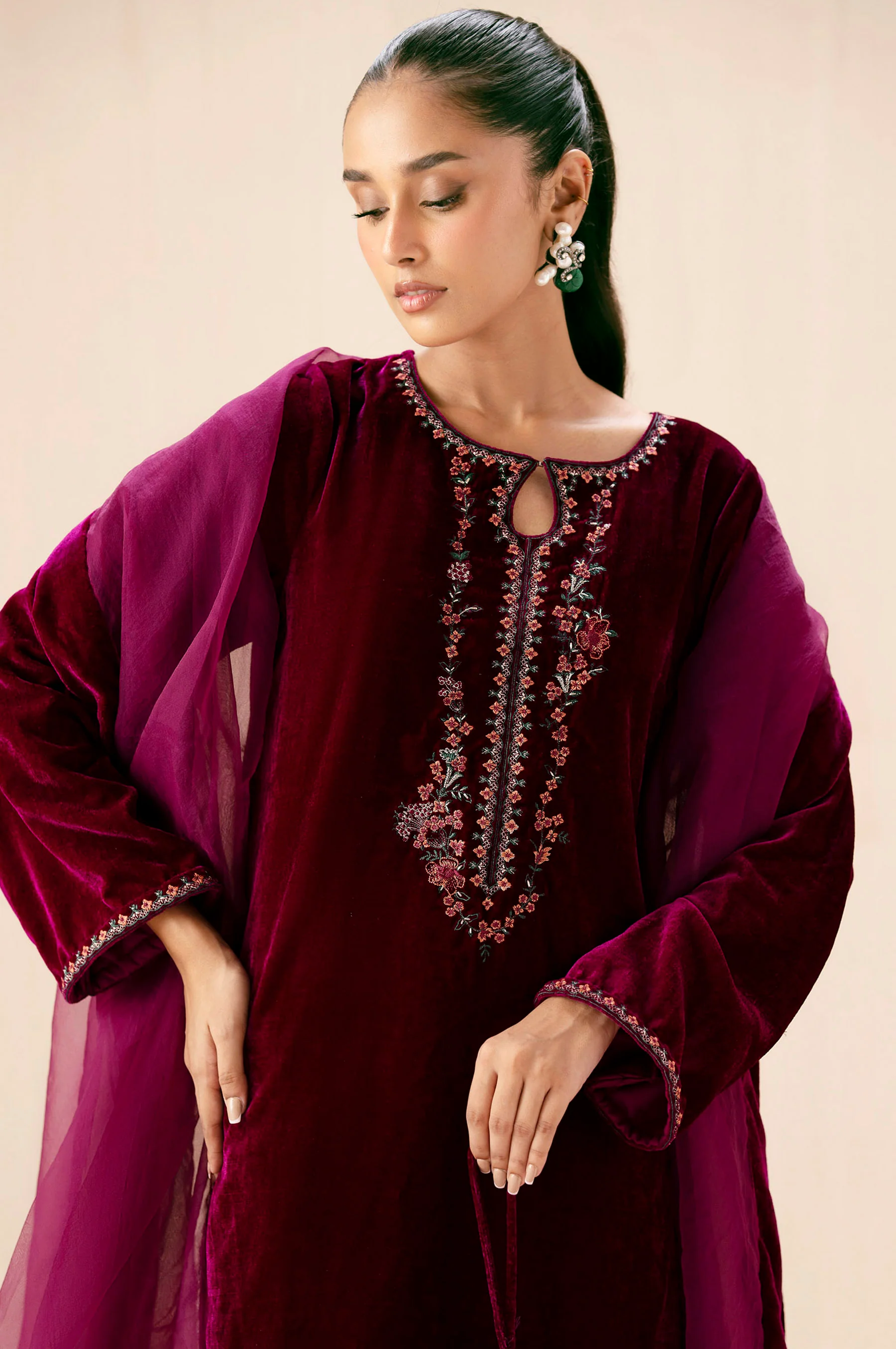 Stitched 3 Piece Embroidered Velvet Suit - Scarlet Pink - Image 3