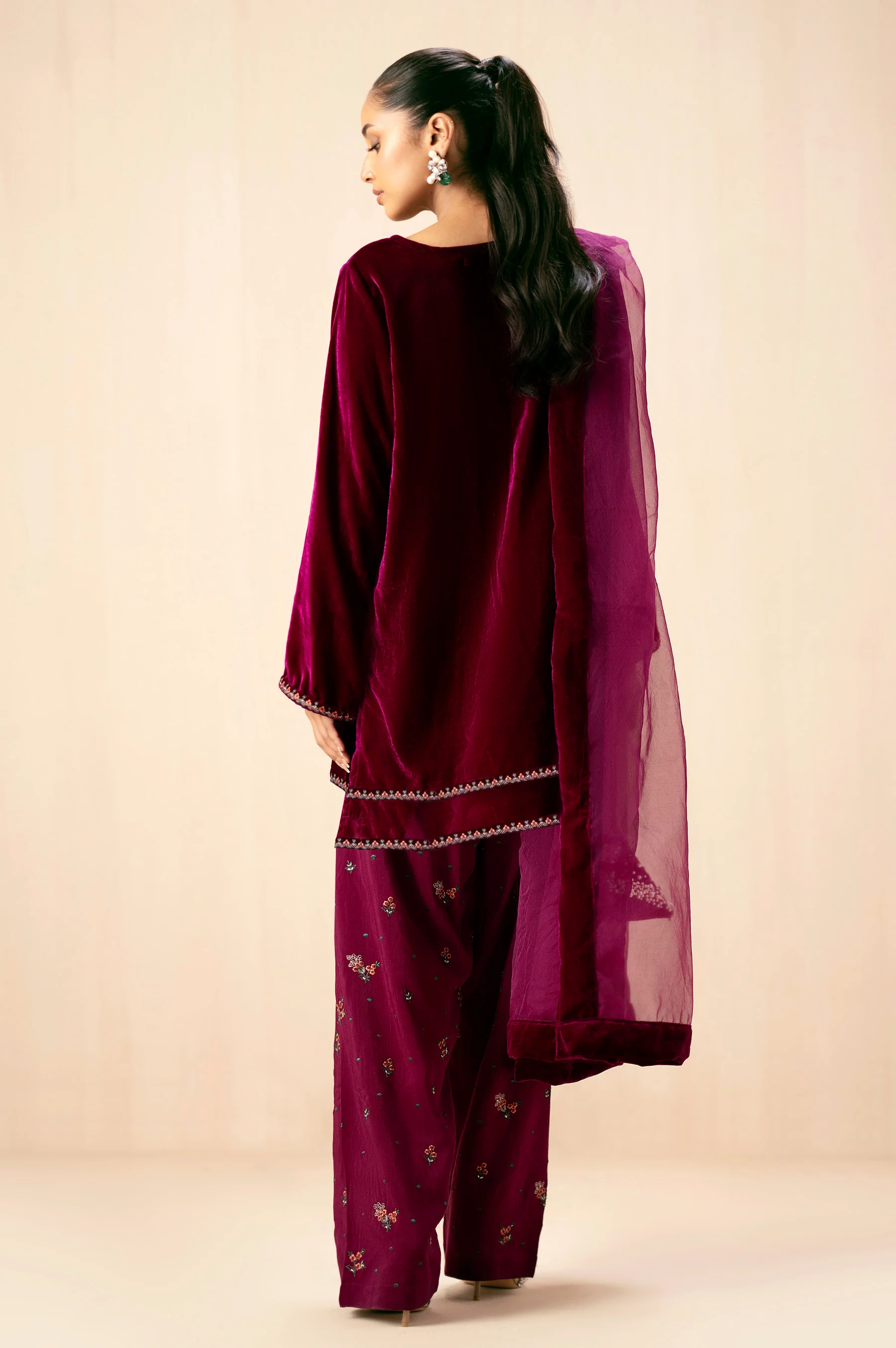 Stitched 3 Piece Embroidered Velvet Suit - Scarlet Pink - Image 4