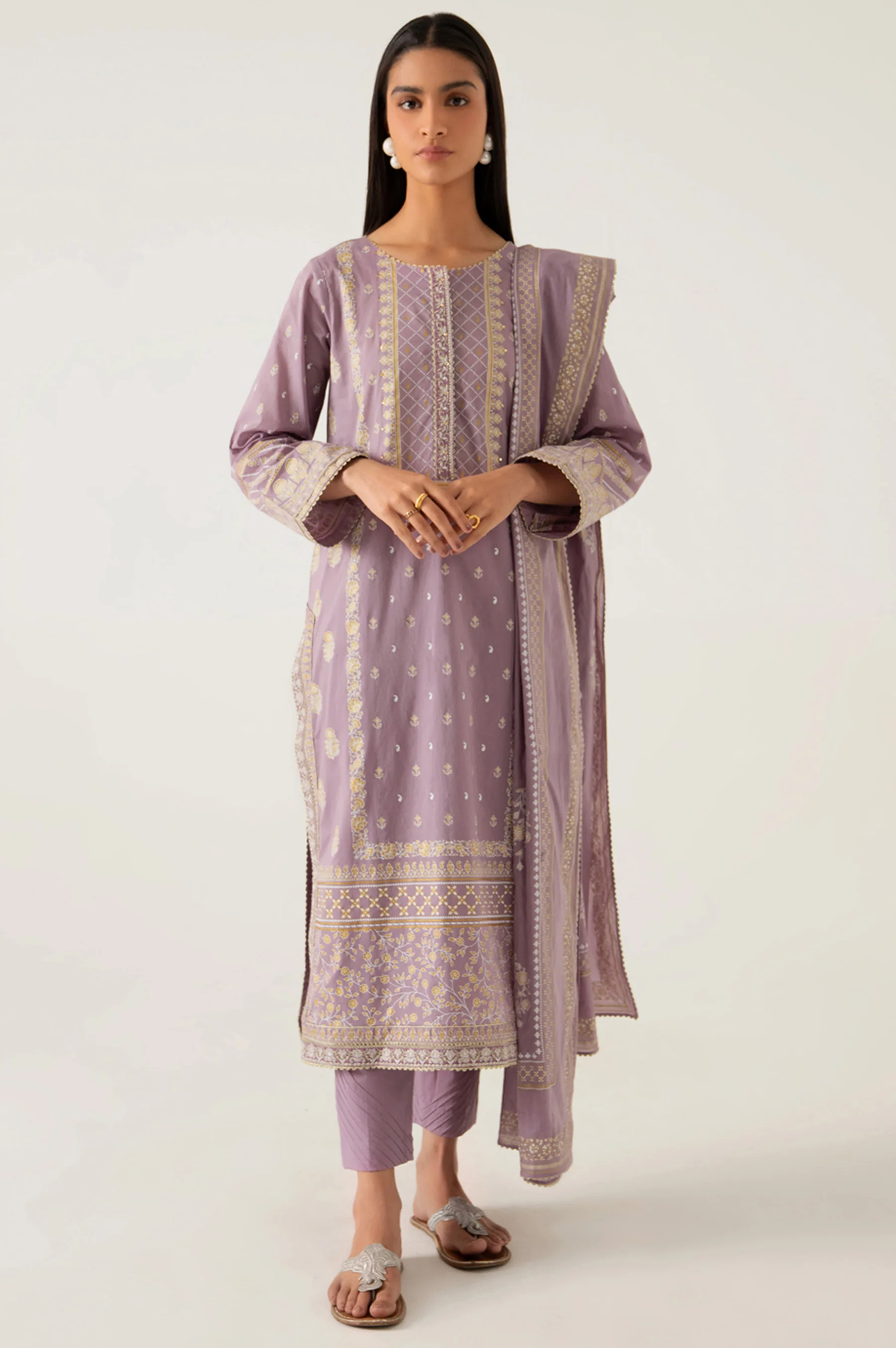 Stitched 3 Piece Gold & Colored Paste Lawn Suit - Image 5