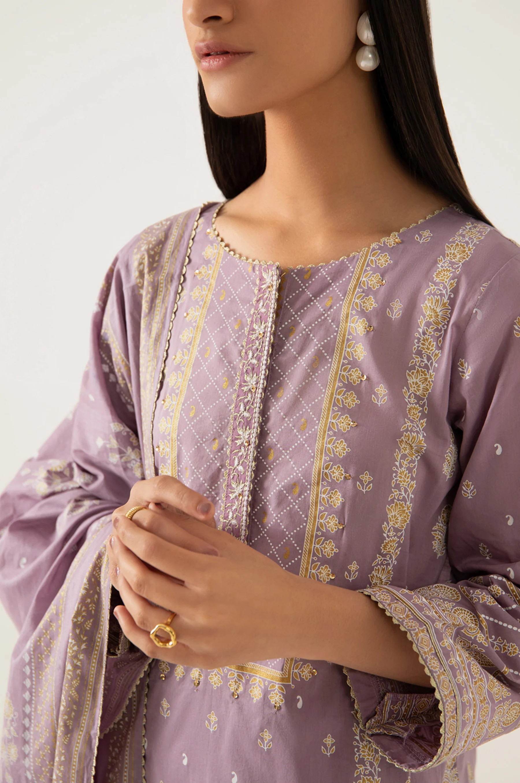Stitched 3 Piece Gold & Colored Paste Lawn Suit - Image 6