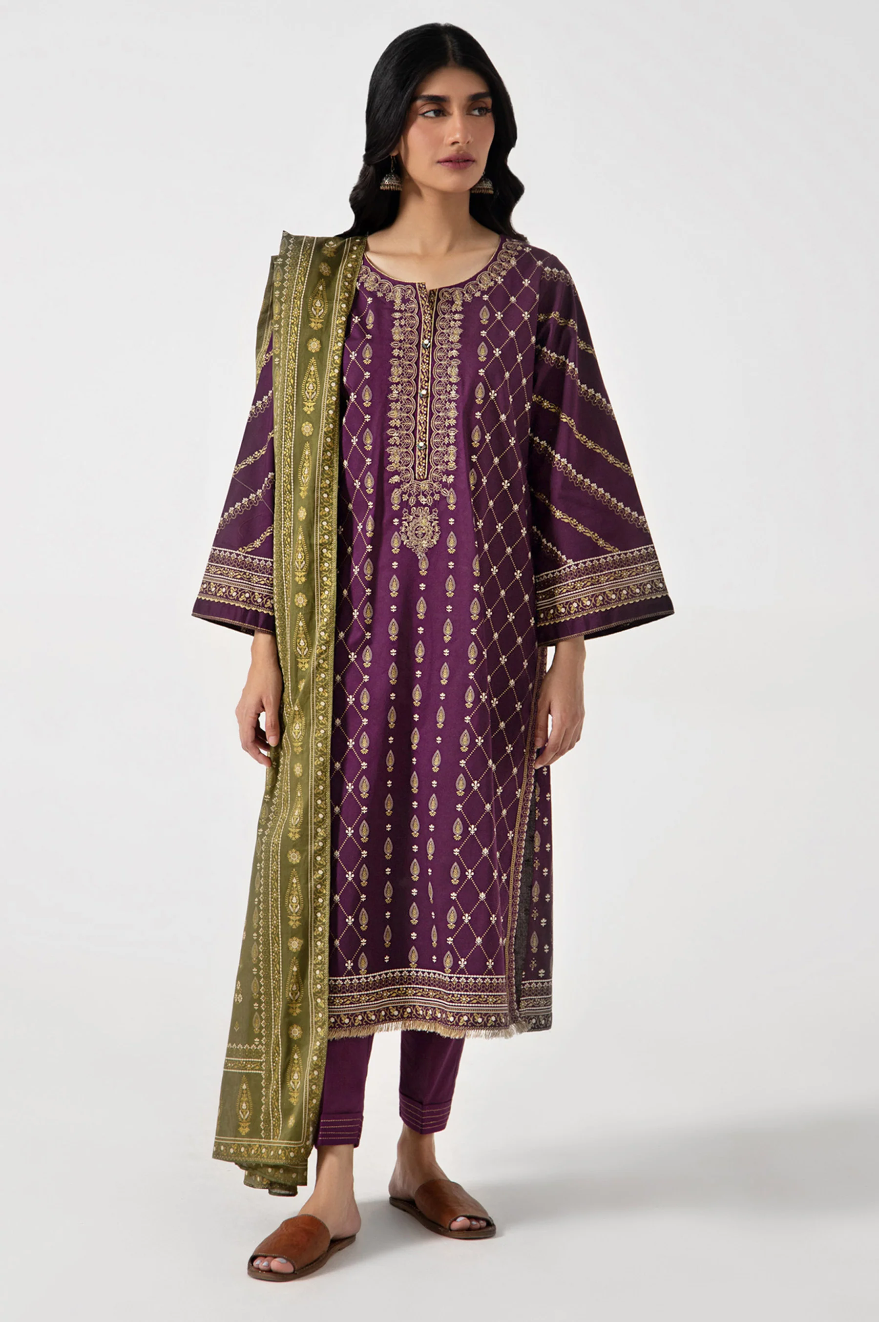 Stitched 3 Piece Gold & Colored Paste Lawn Suit - Image 2