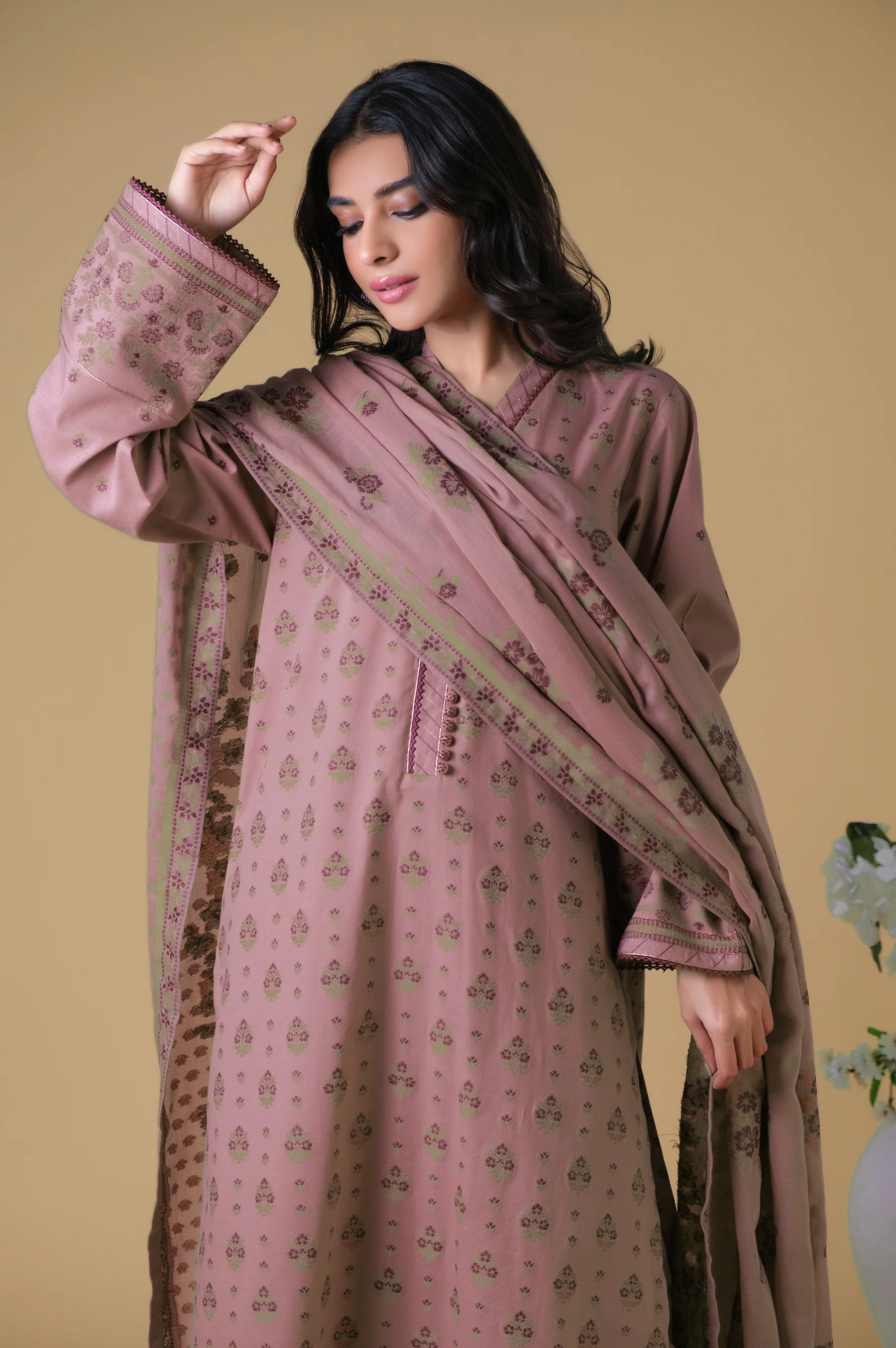 Stitched 3 Pieces Dyed Jacquard Suit - Image 2