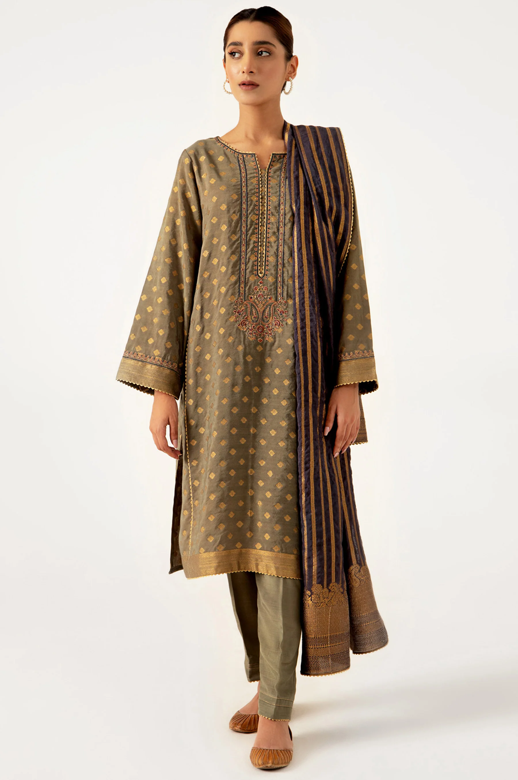 Stitched 3 Piece jacquard Embroidered Suit - Image 5