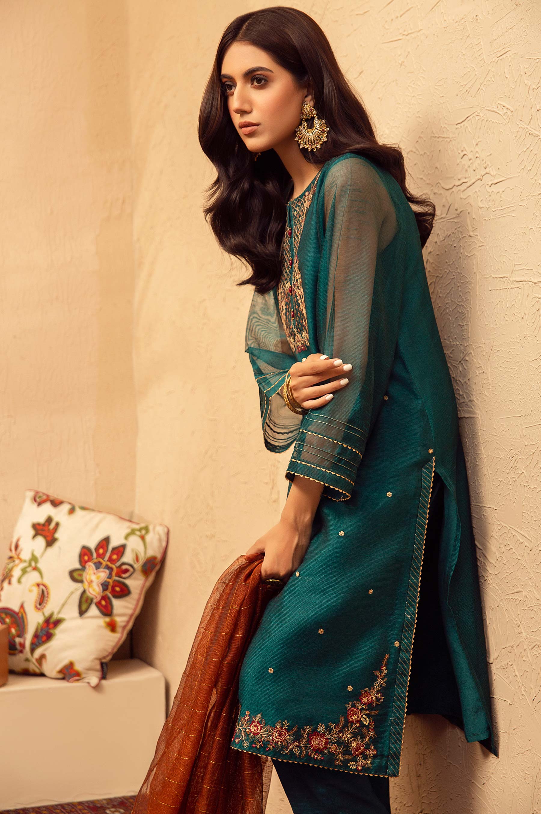 Stitched 3 Piece Khaddi Net Embroidered Suit - Image 4