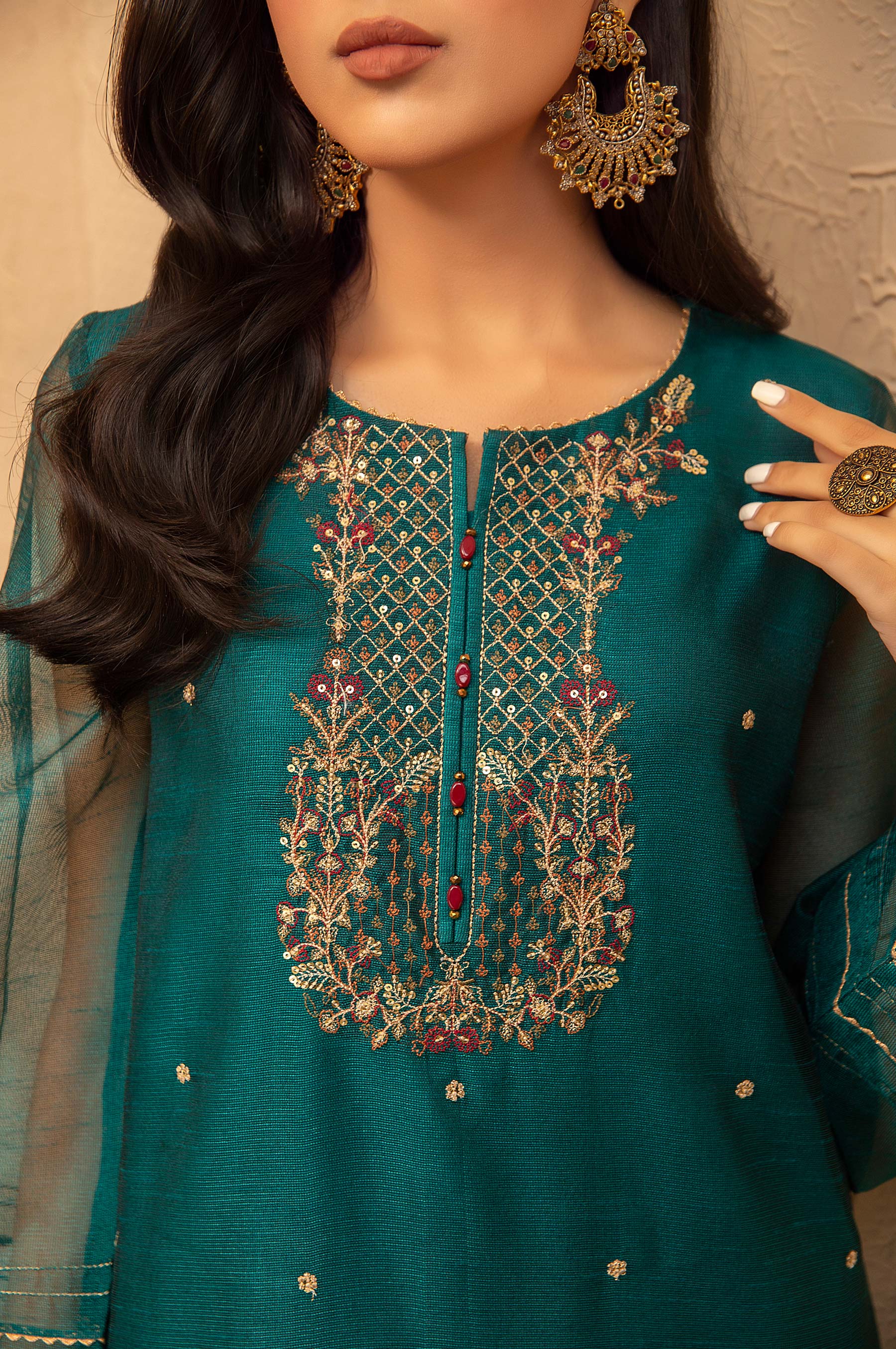 Stitched 3 Piece Khaddi Net Embroidered Suit - Image 6