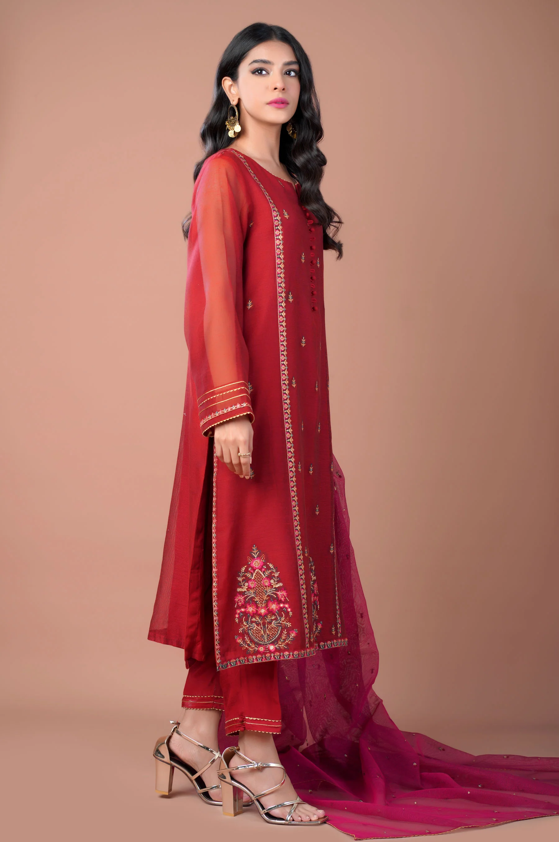 Stitched 3 Piece Khaddi Net Embroidered Outfit - Image 3