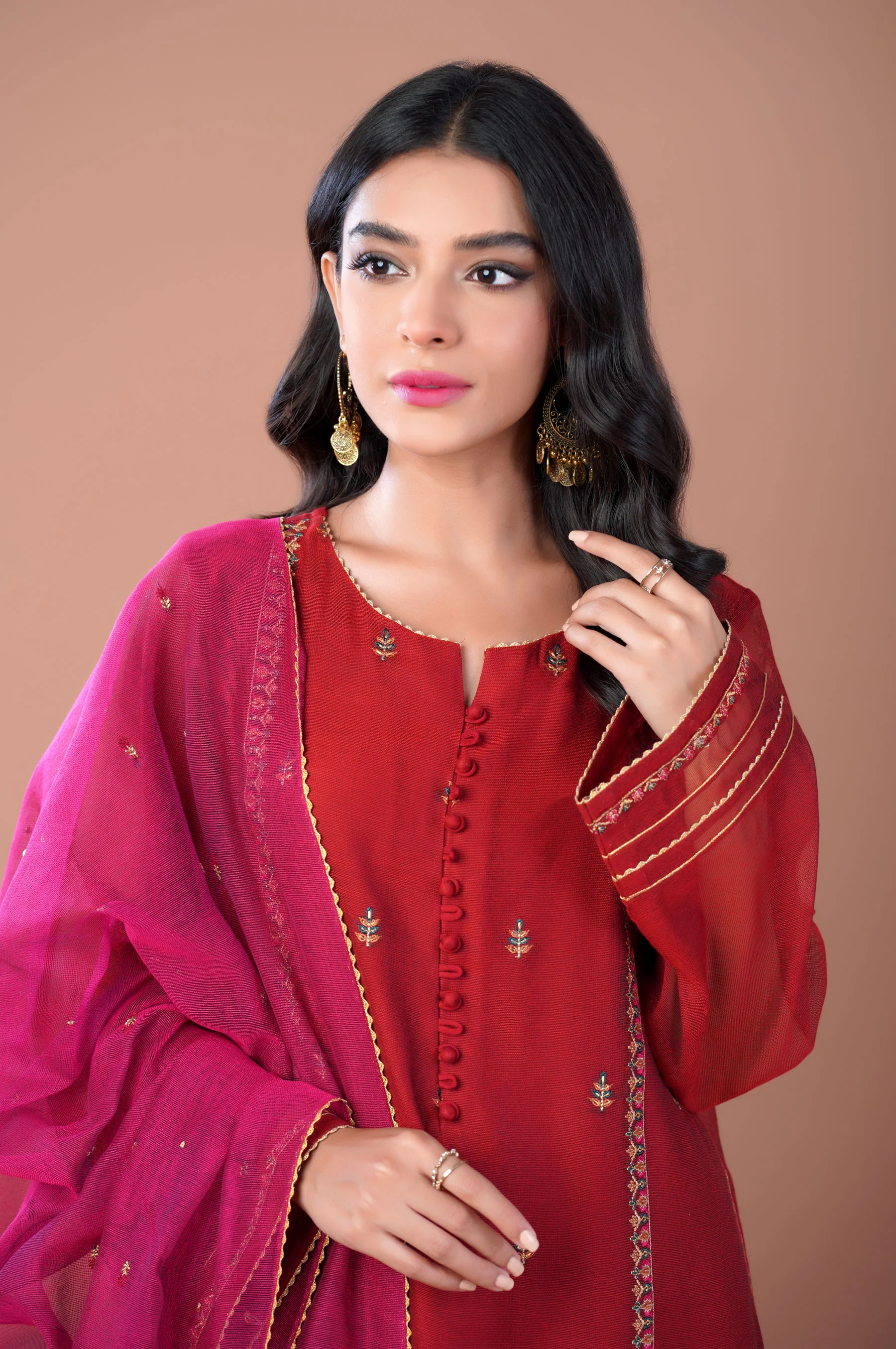 Stitched 3 Piece Khaddi Net Embroidered Outfit - Image 4