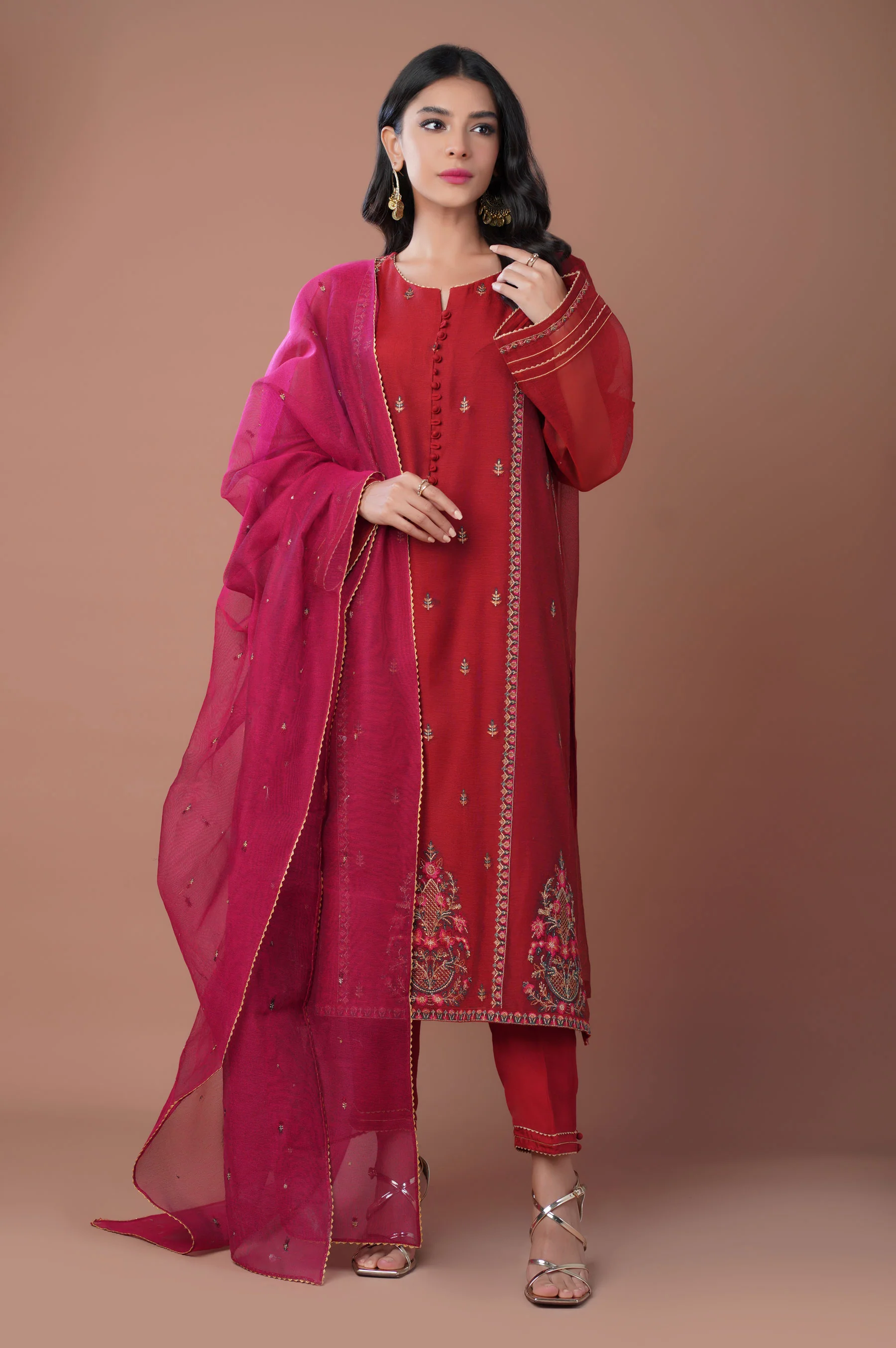 Stitched 3 Piece Khaddi Net Embroidered Outfit - Image 5
