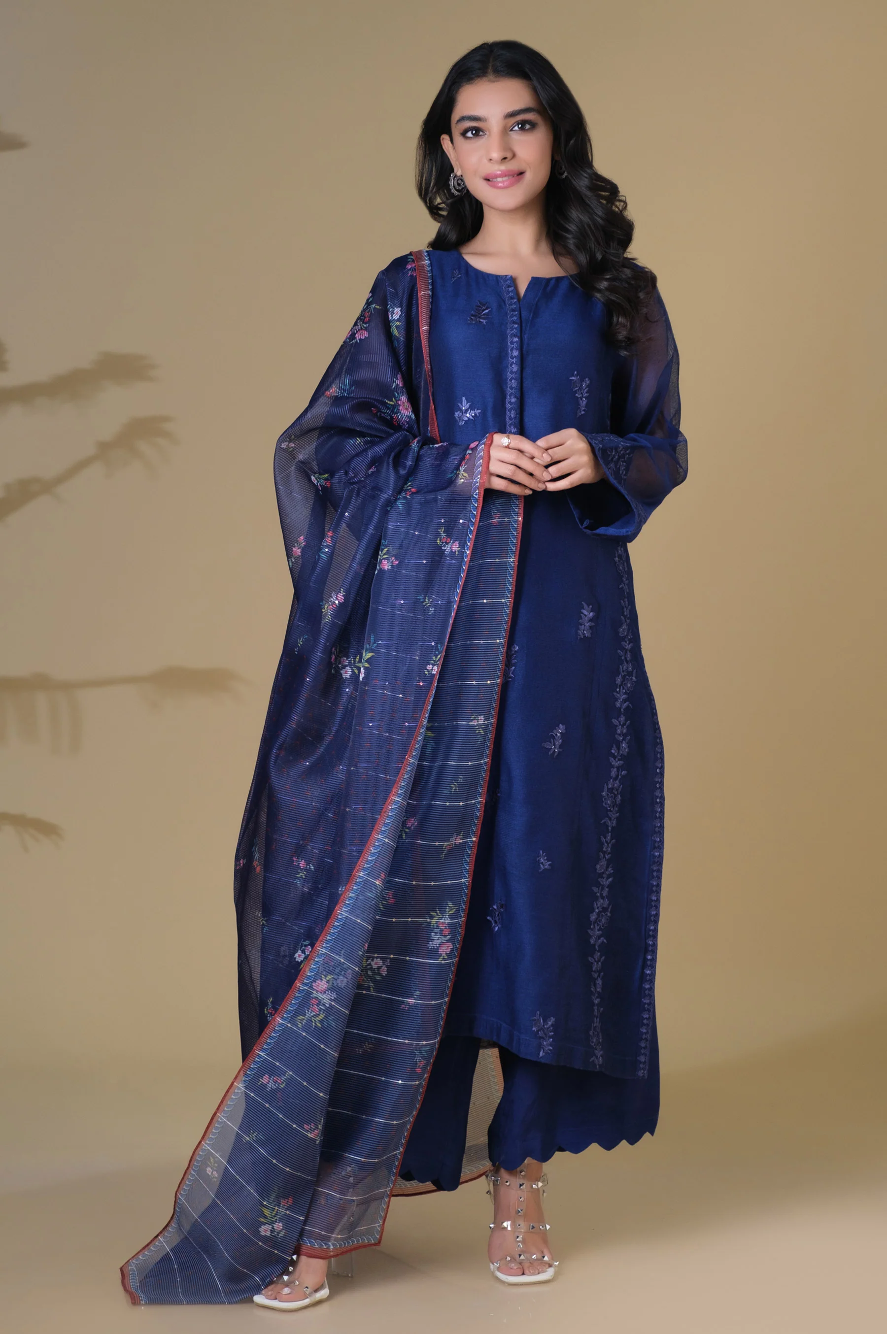 Stitched 3 Piece Khaddi Net Embroidered Outfit - Image 5