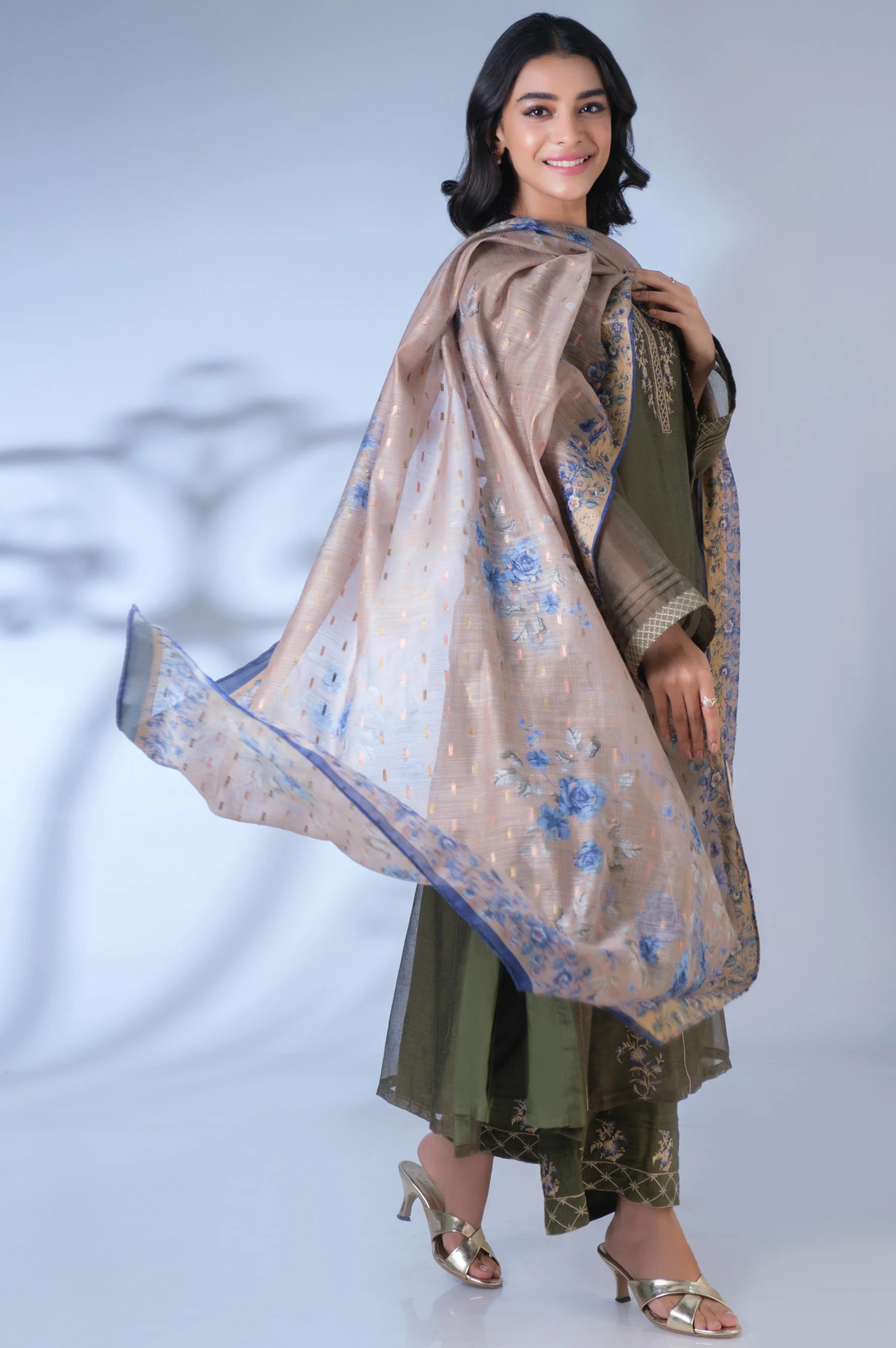 Stitched 3 Piece Khaddi Net Embroidered Outfit - Image 5
