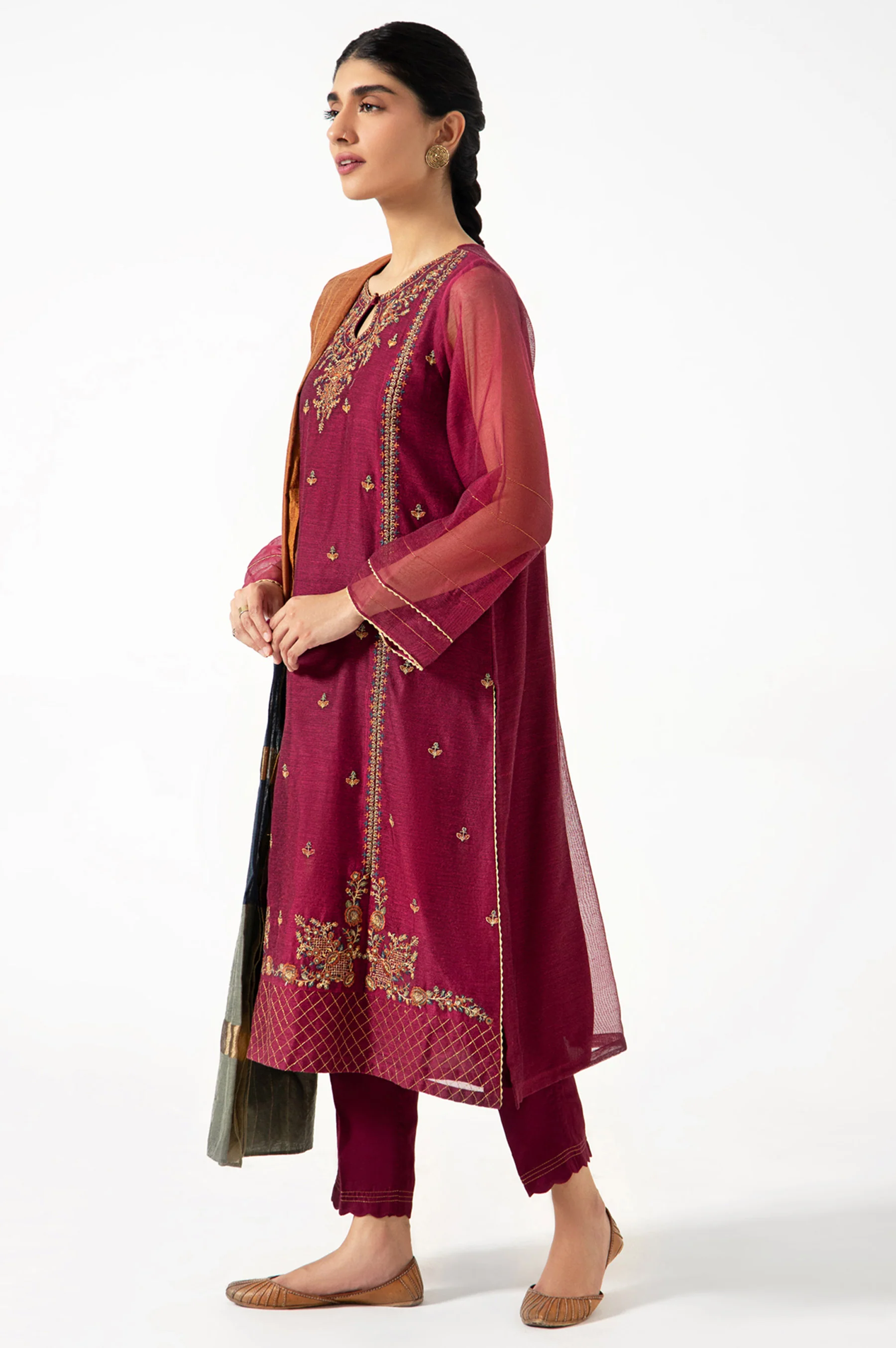 Stitched 3 Piece Khadi Net Embroidered Outfit - Image 4