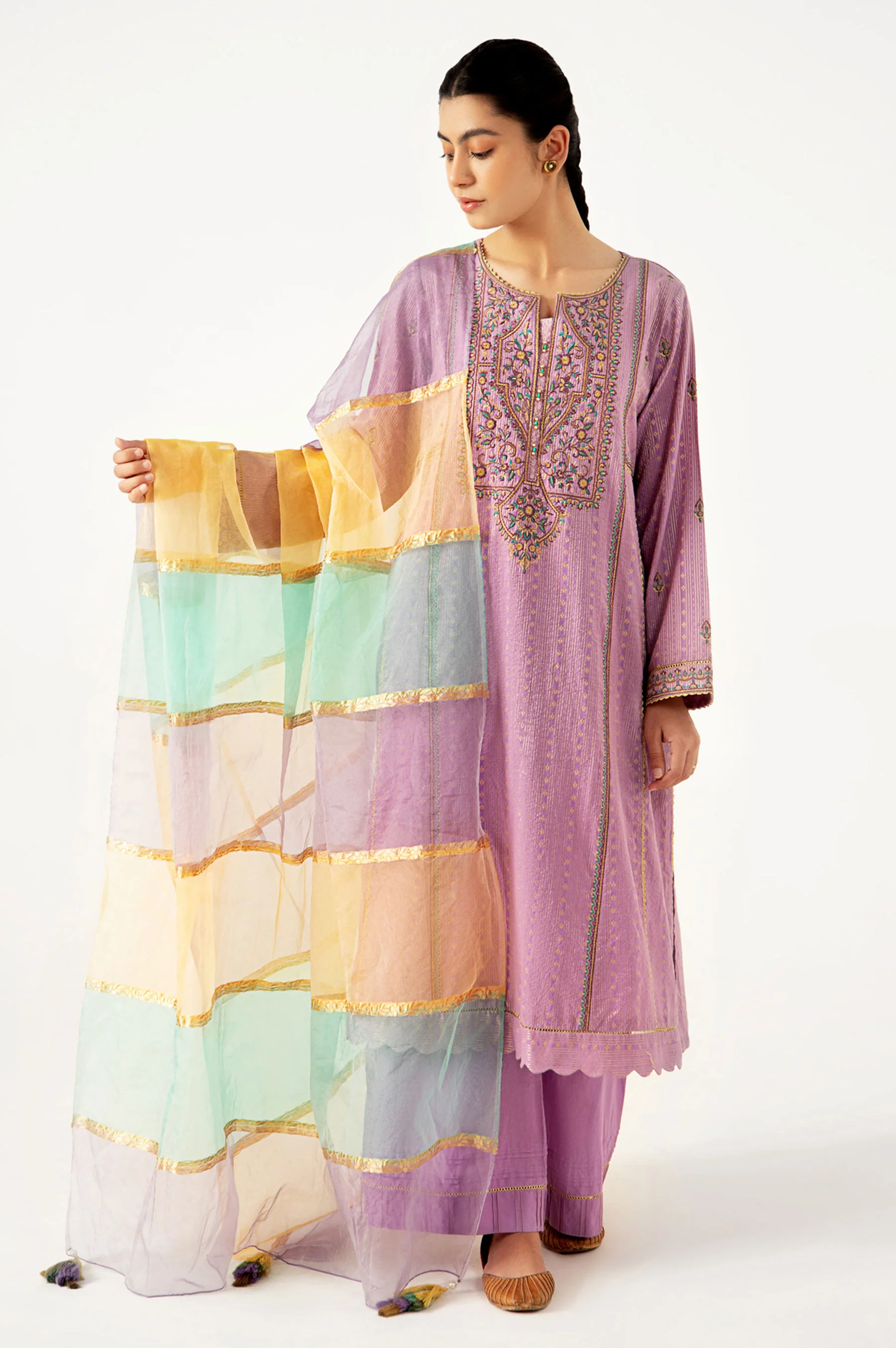 Stitched 3 Piece Maysuri Jacquard with Shaded Organza Suit