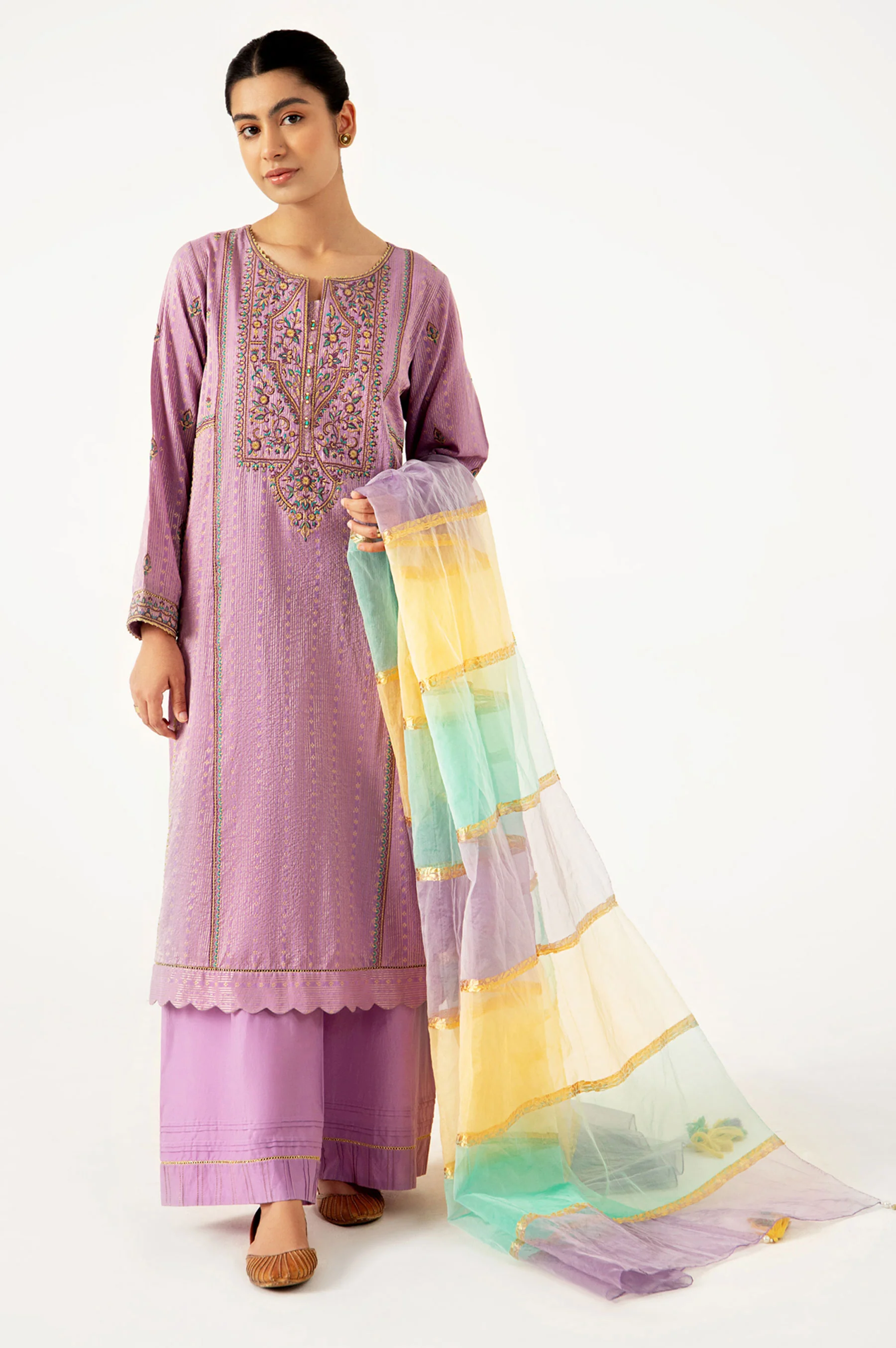 Stitched 3 Piece Maysuri Jacquard with Shaded Organza Suit - Image 5