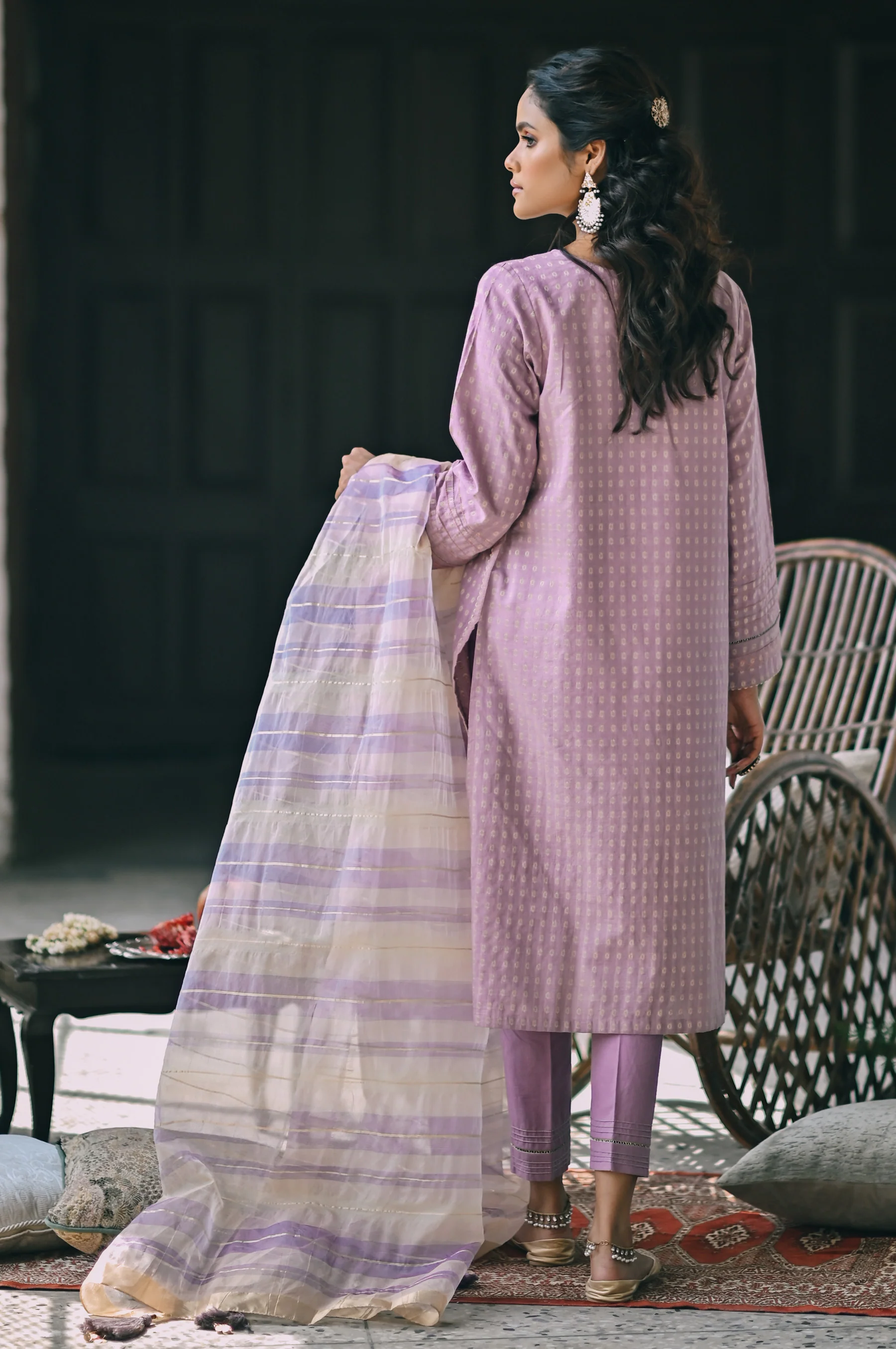 Stitched 3 Piece Maysuri Jacquard with Shaded Organza Suit - Image 2