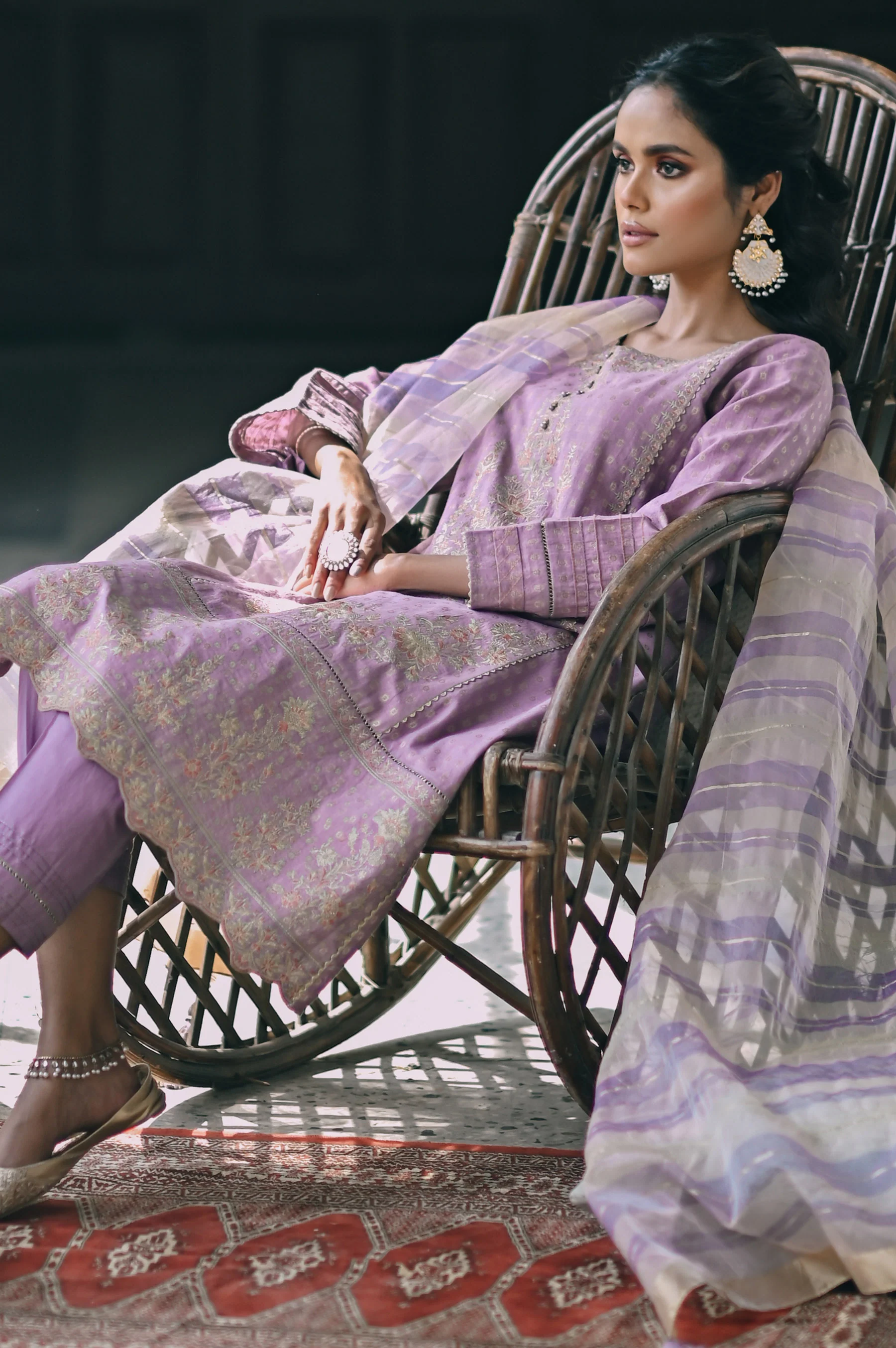 Stitched 3 Piece Maysuri Jacquard with Shaded Organza Suit - Image 5
