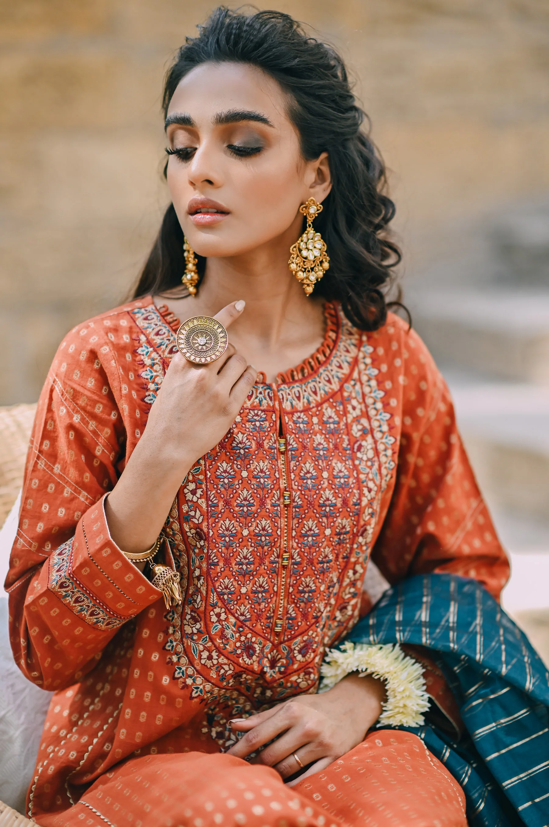 Stitched 3 Piece Maysuri Jacquard with Shaded Organza Suit - Image 2
