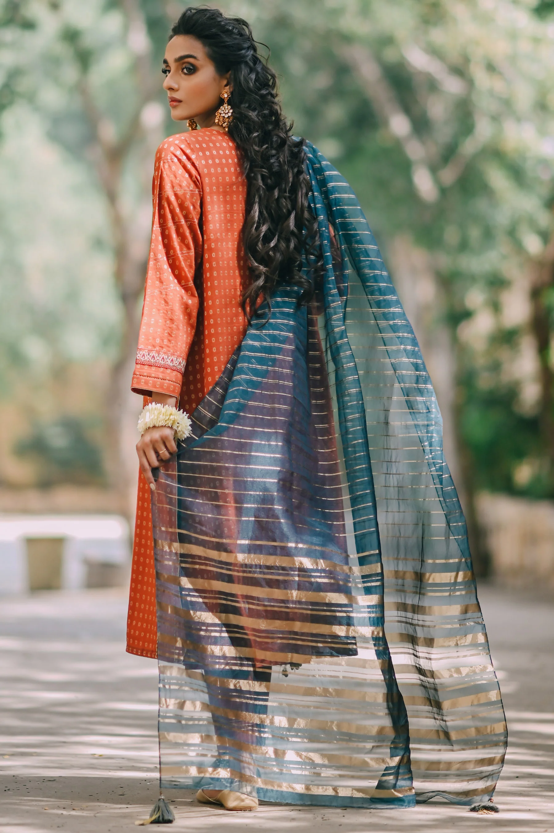 Stitched 3 Piece Maysuri Jacquard with Shaded Organza Suit - Image 4