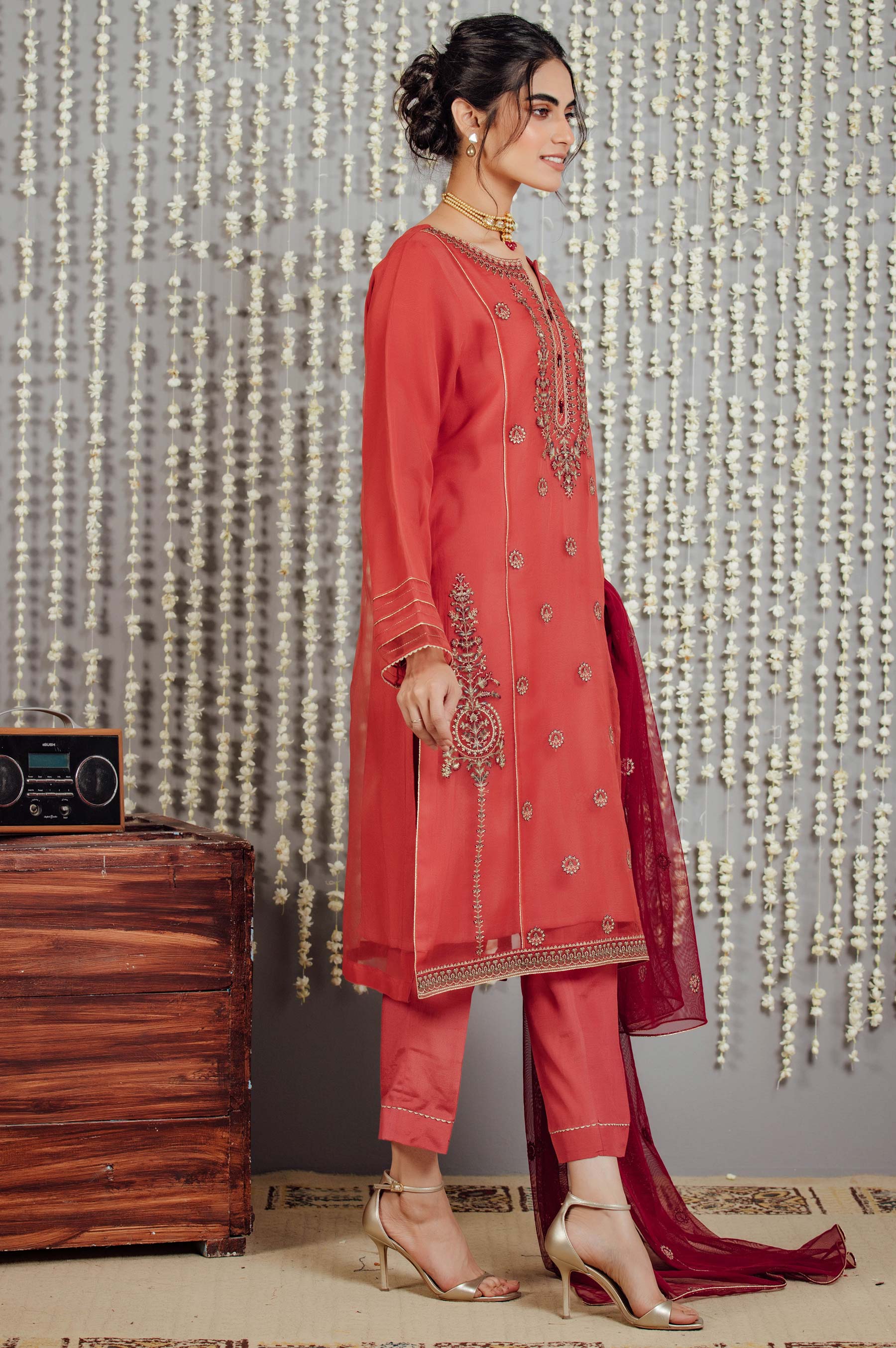 Stitched 3 Piece Organza Embroidered Suit - Image 4
