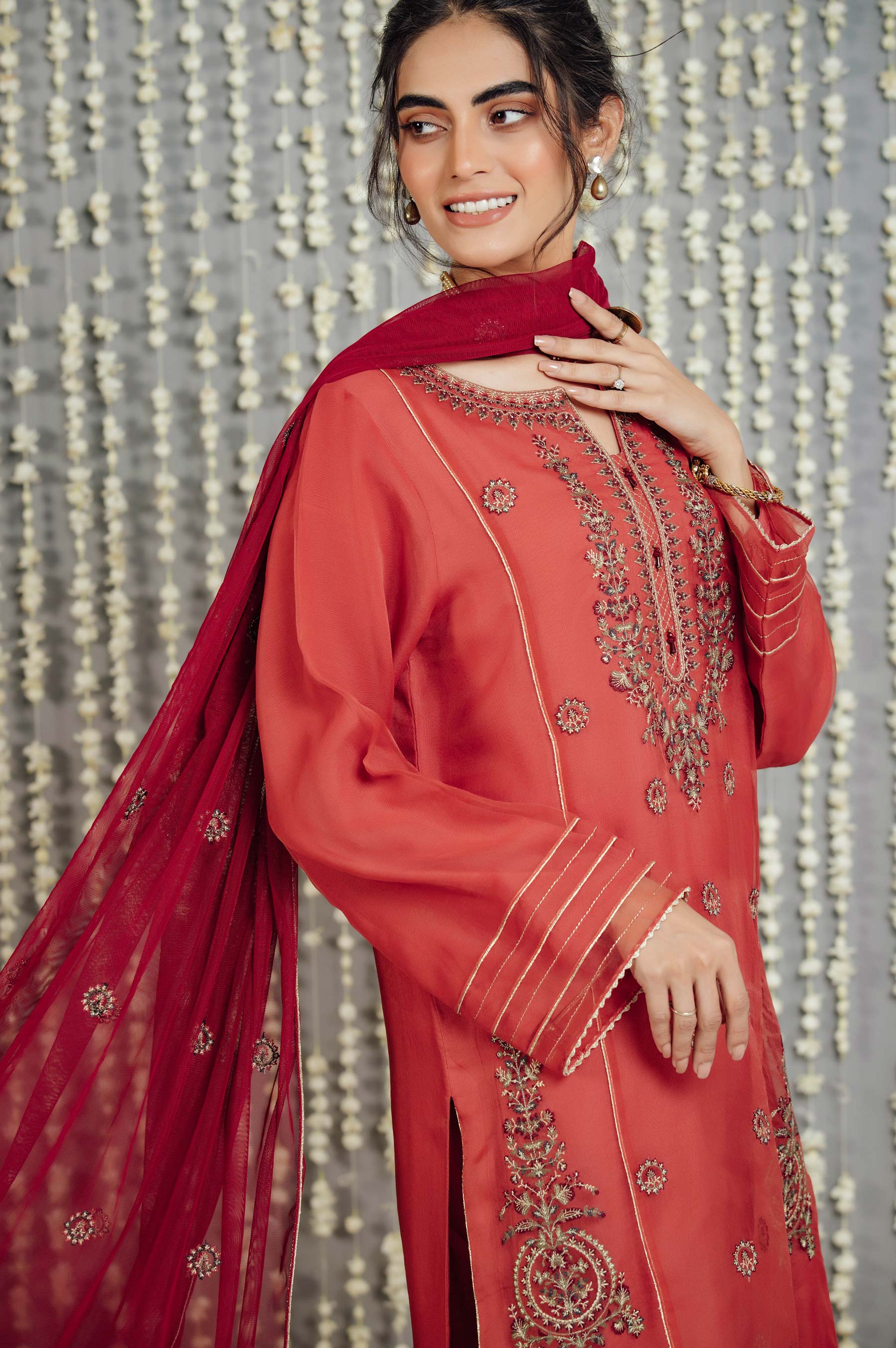 Stitched 3 Piece Organza Embroidered Suit - Image 5