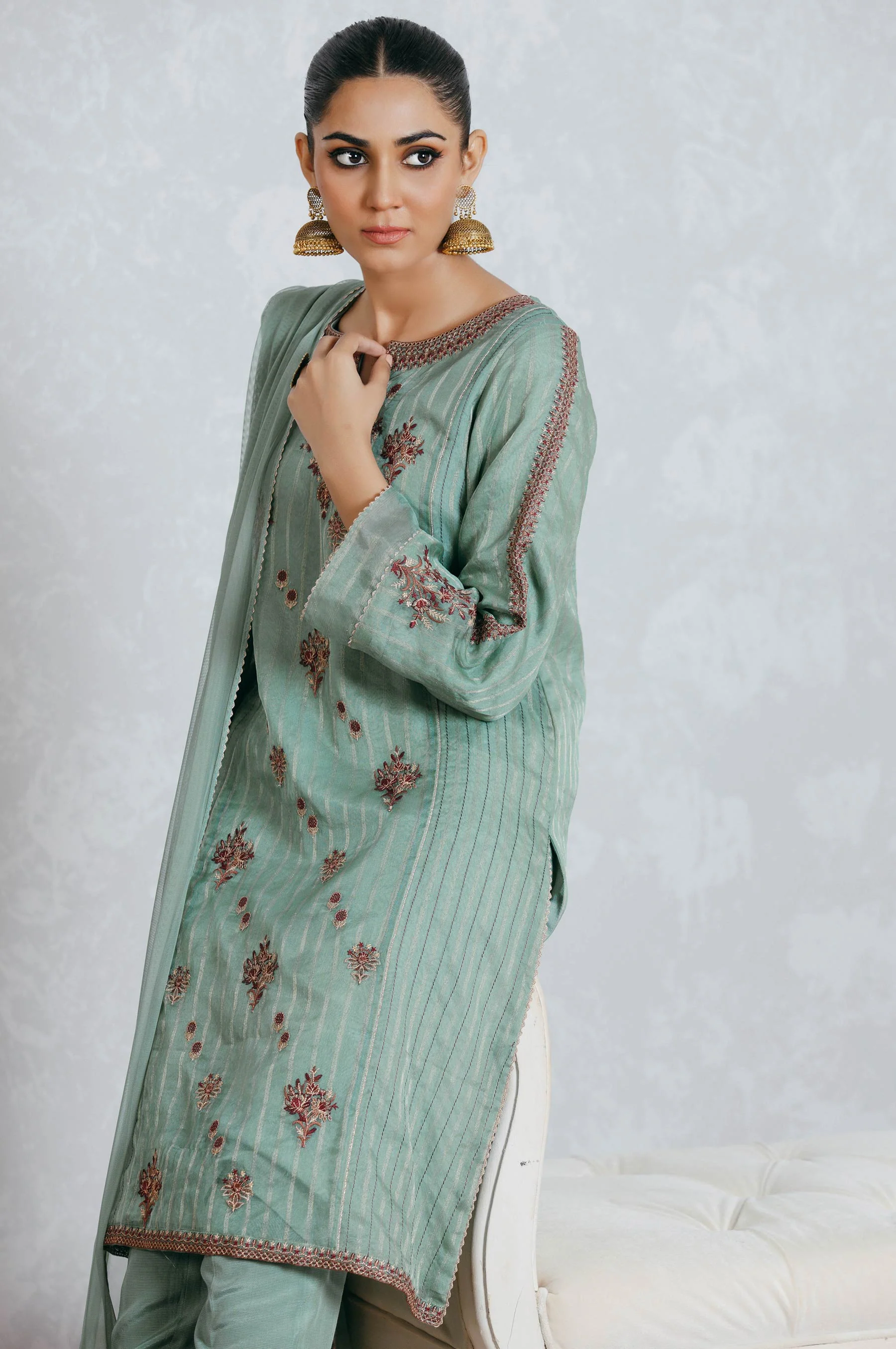 Stitched 3 Piece Embroidered Organza Outfit - Image 4