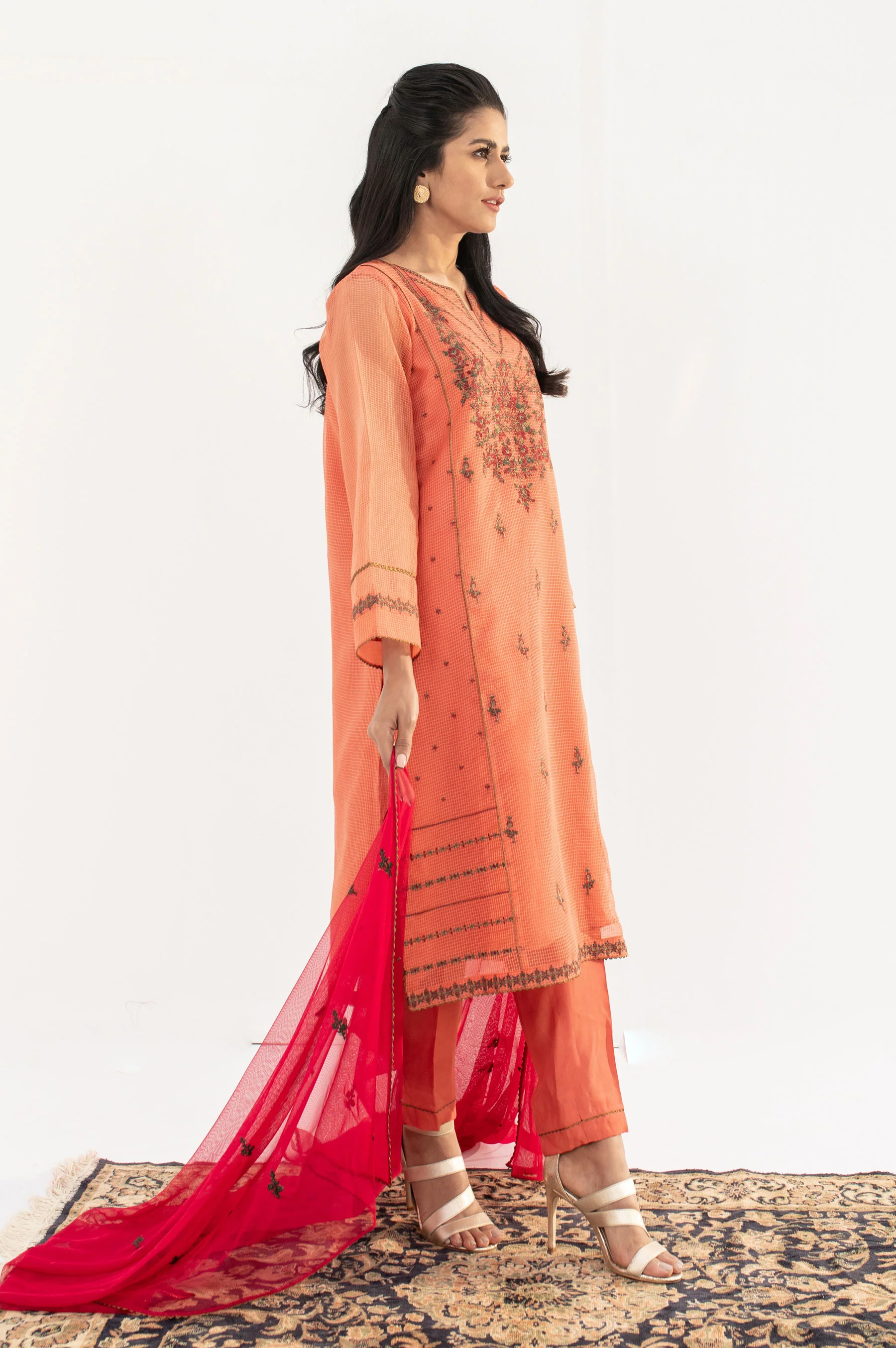 Stitched 3 Piece Embroidered Checkered Organza Outfit - Image 2