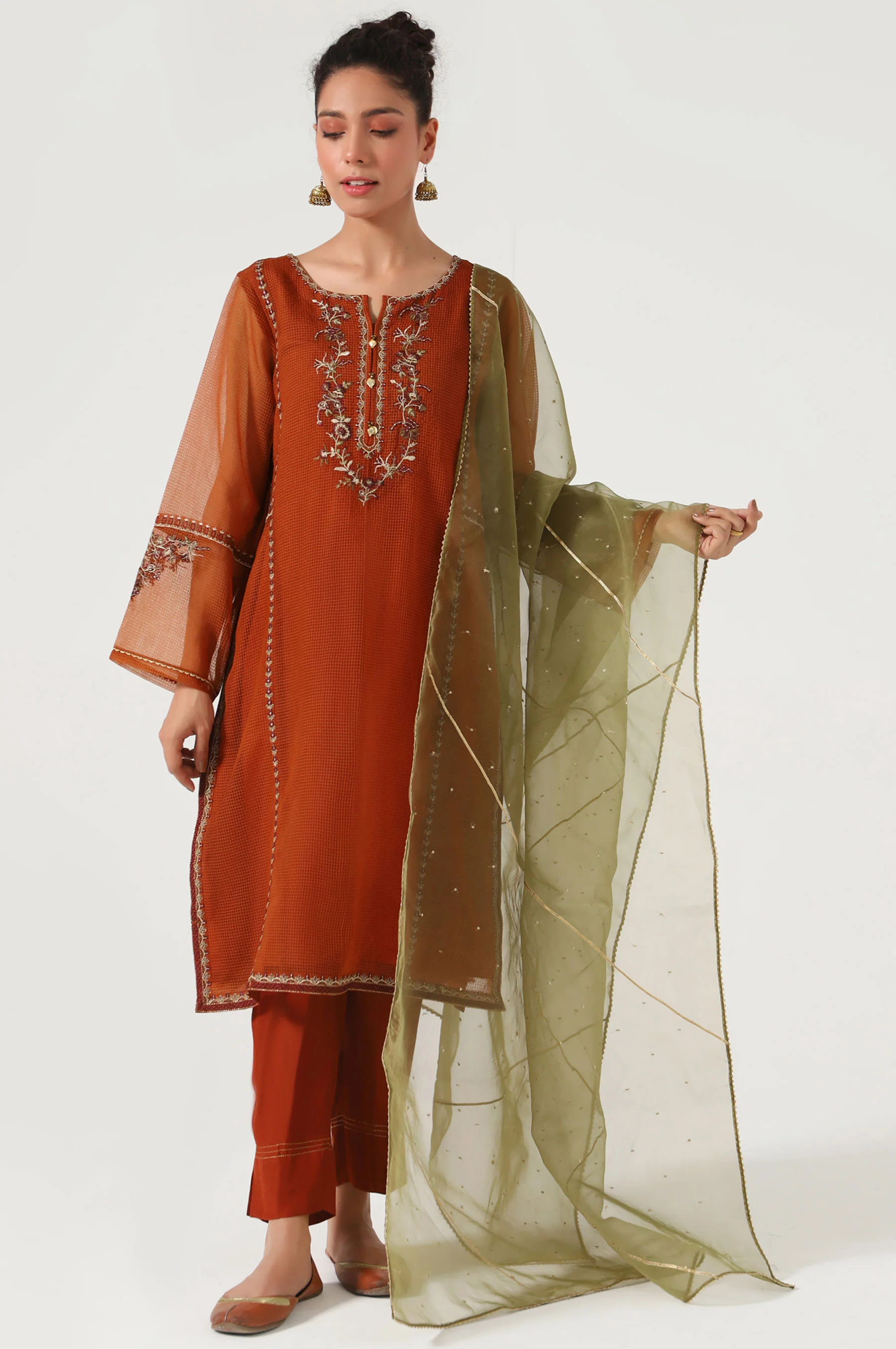 Stitched 3 Piece Textured Organza Embroidered Suit - Image 2