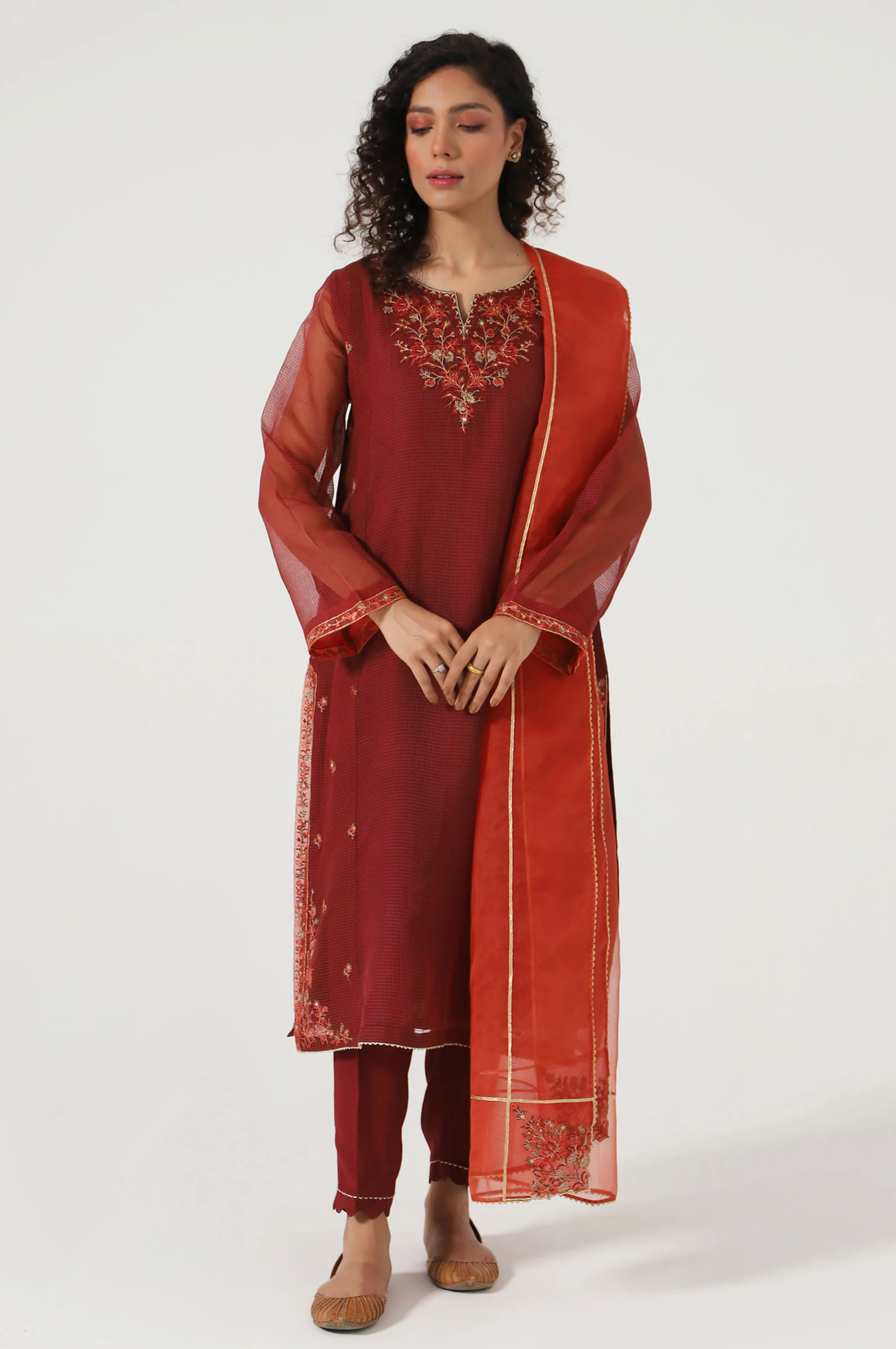 Stitched 3 Piece Textured Organza Embroidered Suit - Image 2