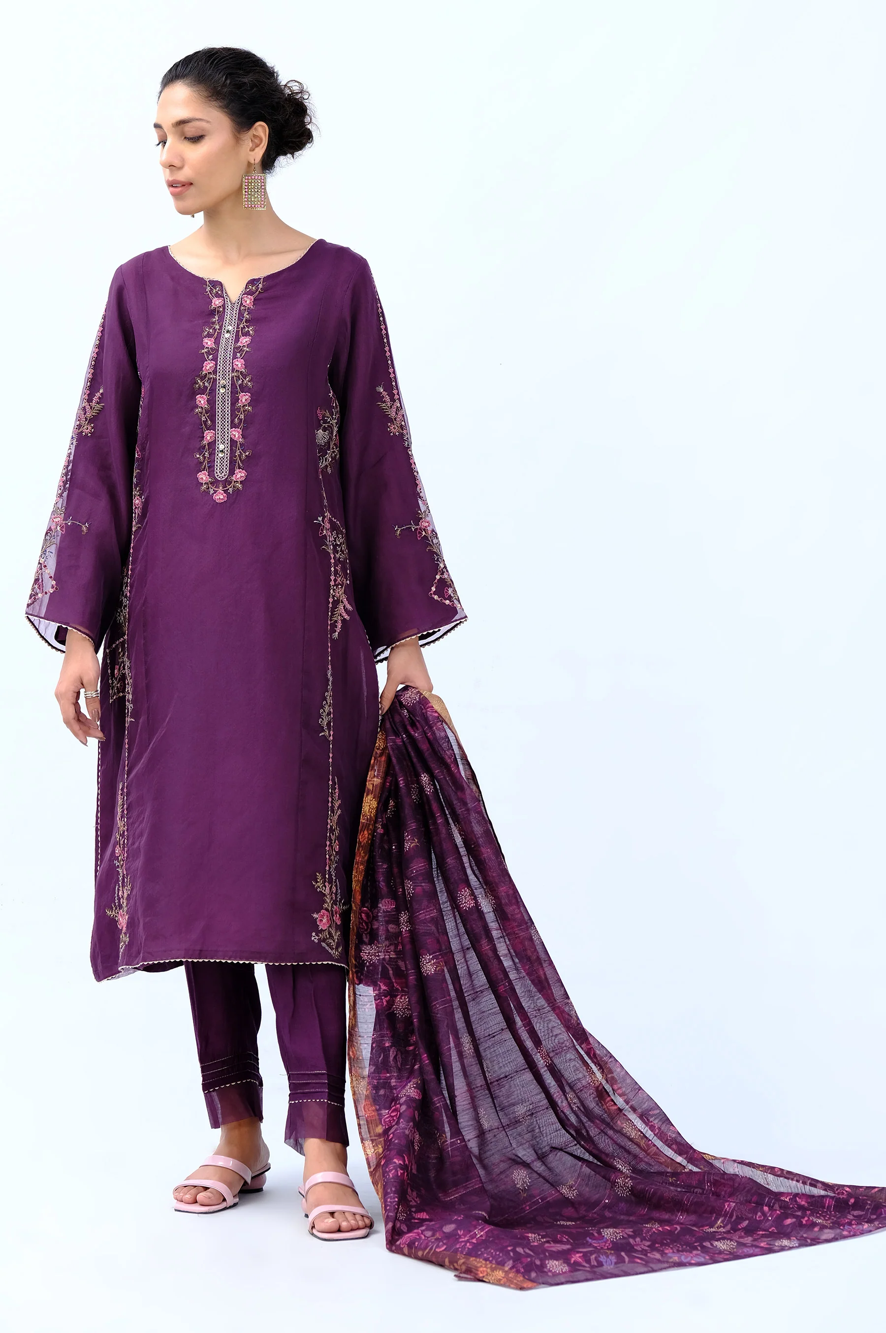 Stitched 3 Piece Digital Printed Organza Embroidered Suit - Image 2