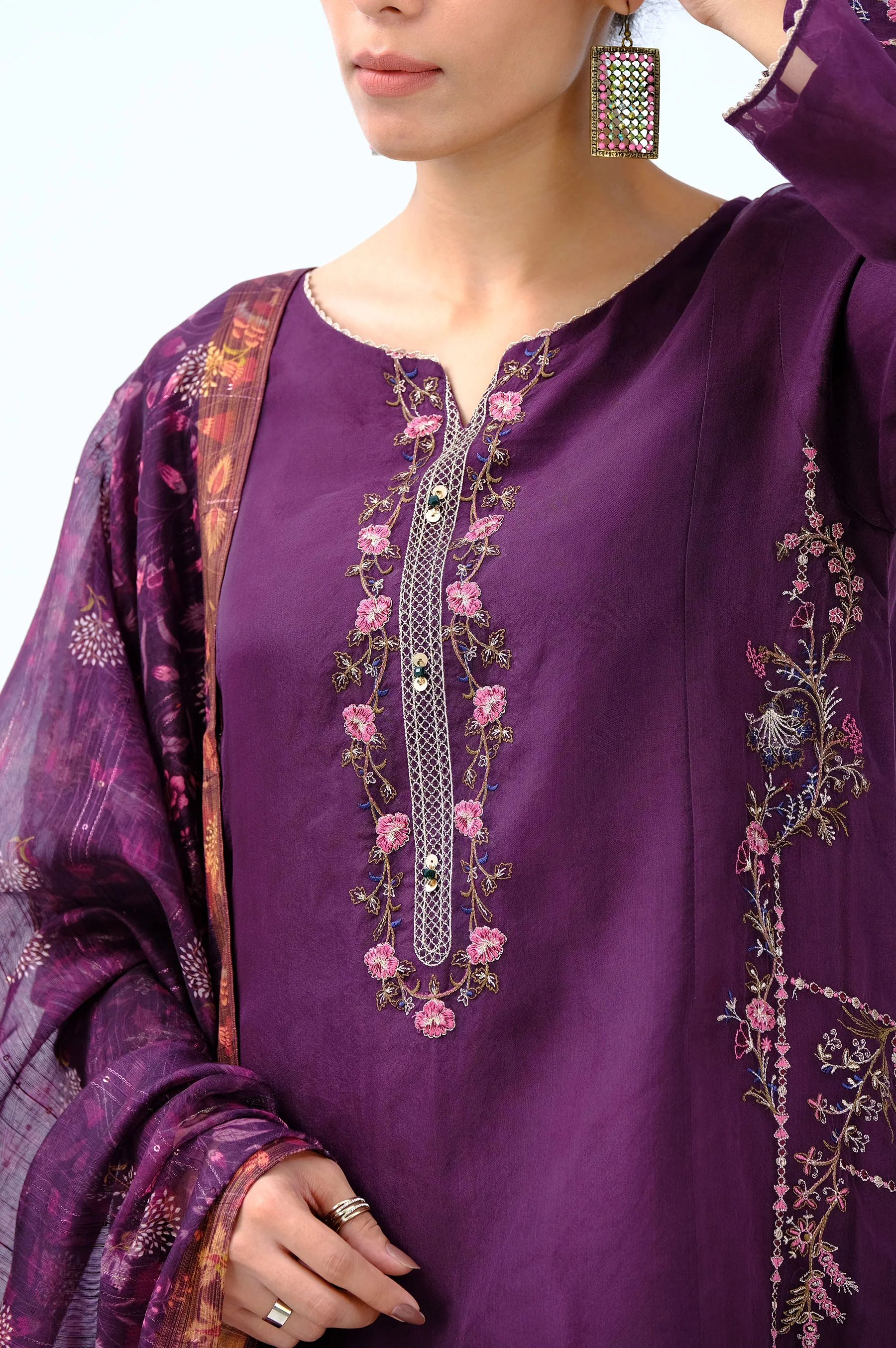 Stitched 3 Piece Digital Printed Organza Embroidered Suit - Image 6