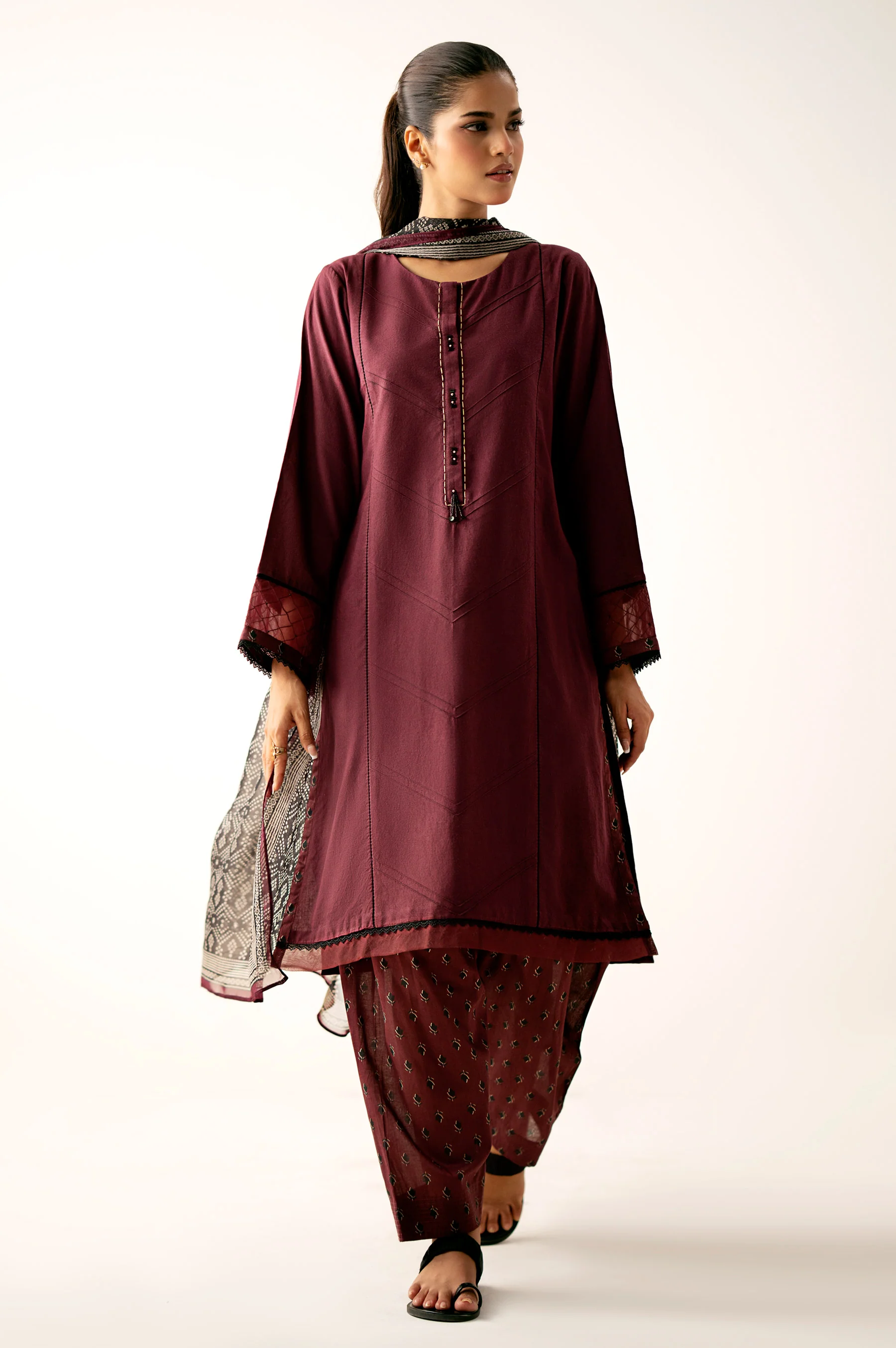 Stitched 3 Piece Pima Cotton Shirt with Digital Printed Chiffon Dupatta - Image 5