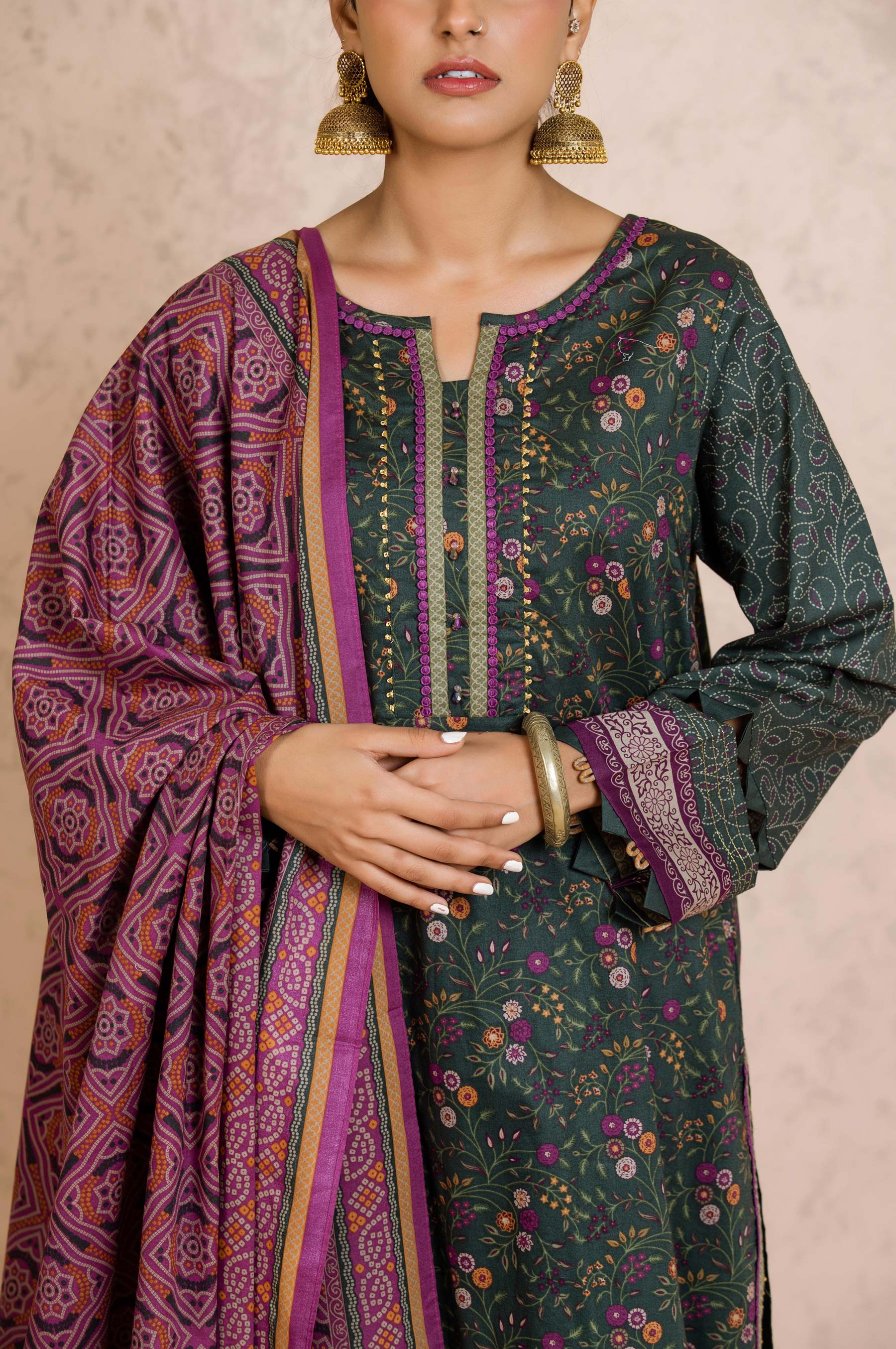 Stitched 3 Piece Printed Cambric Suit - Image 4