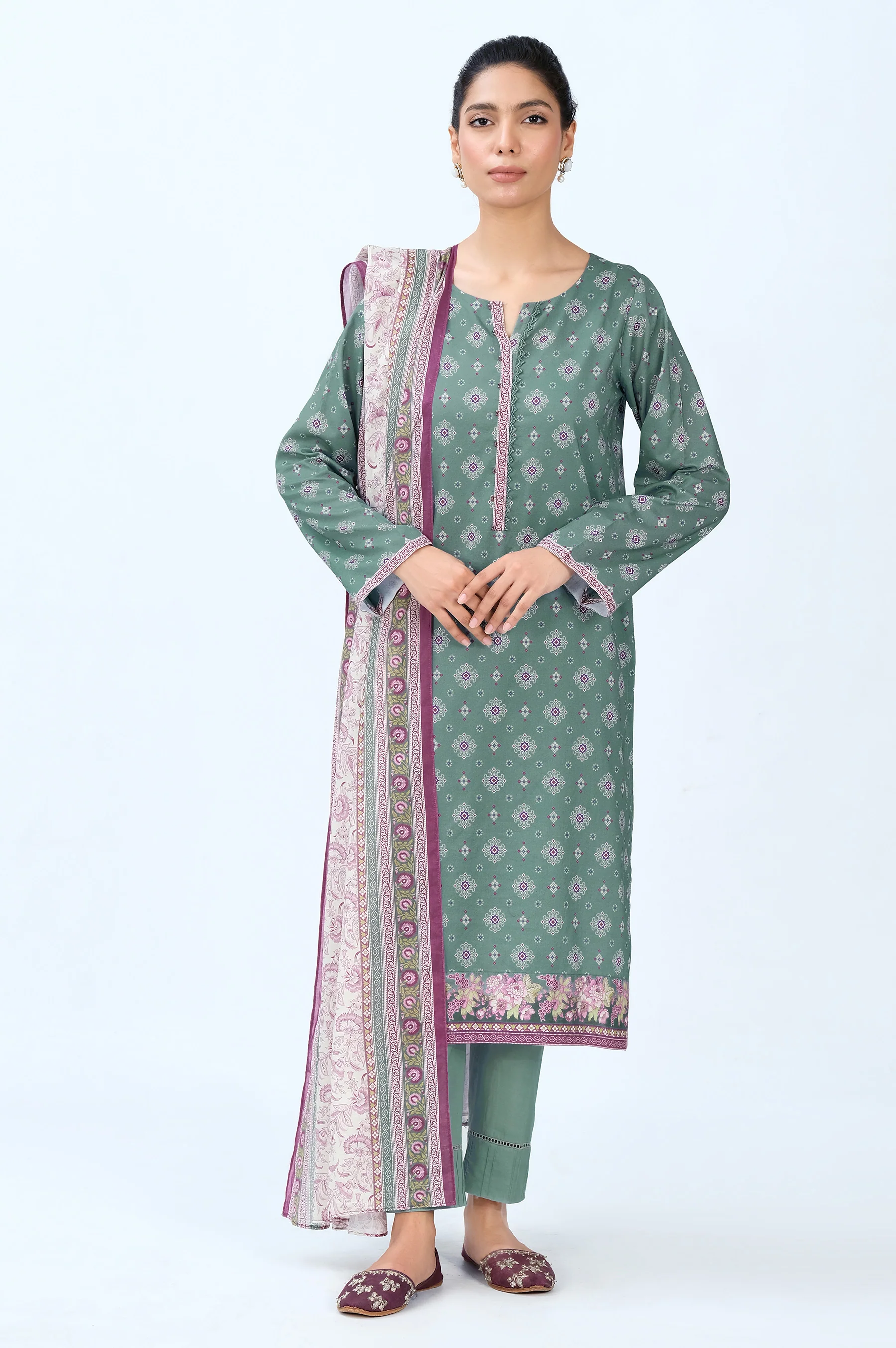 Stitched 3 Piece Printed Cambric Suit - Image 5