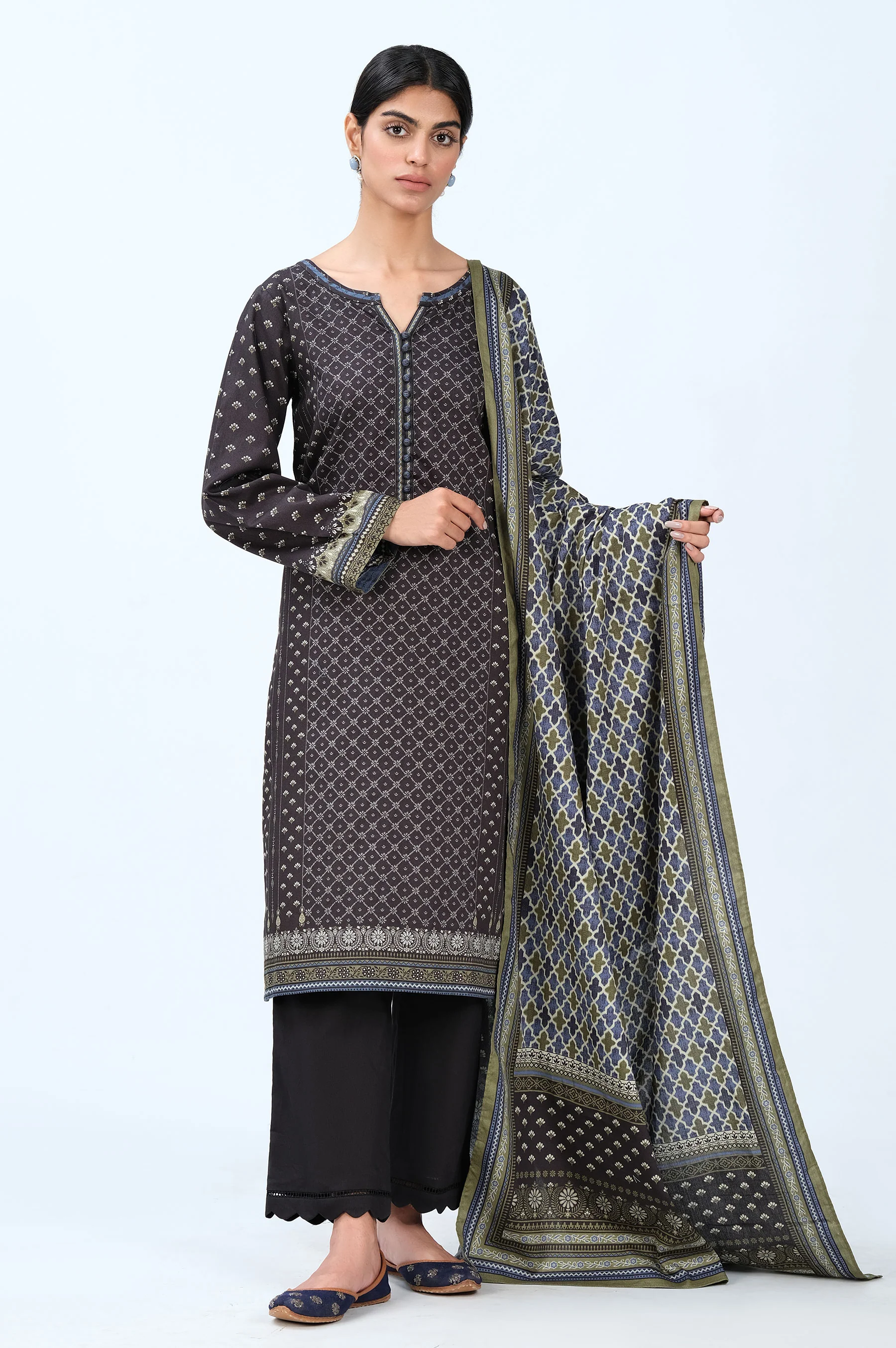 Stitched 3 Piece Printed Cottel Suit - Image 2