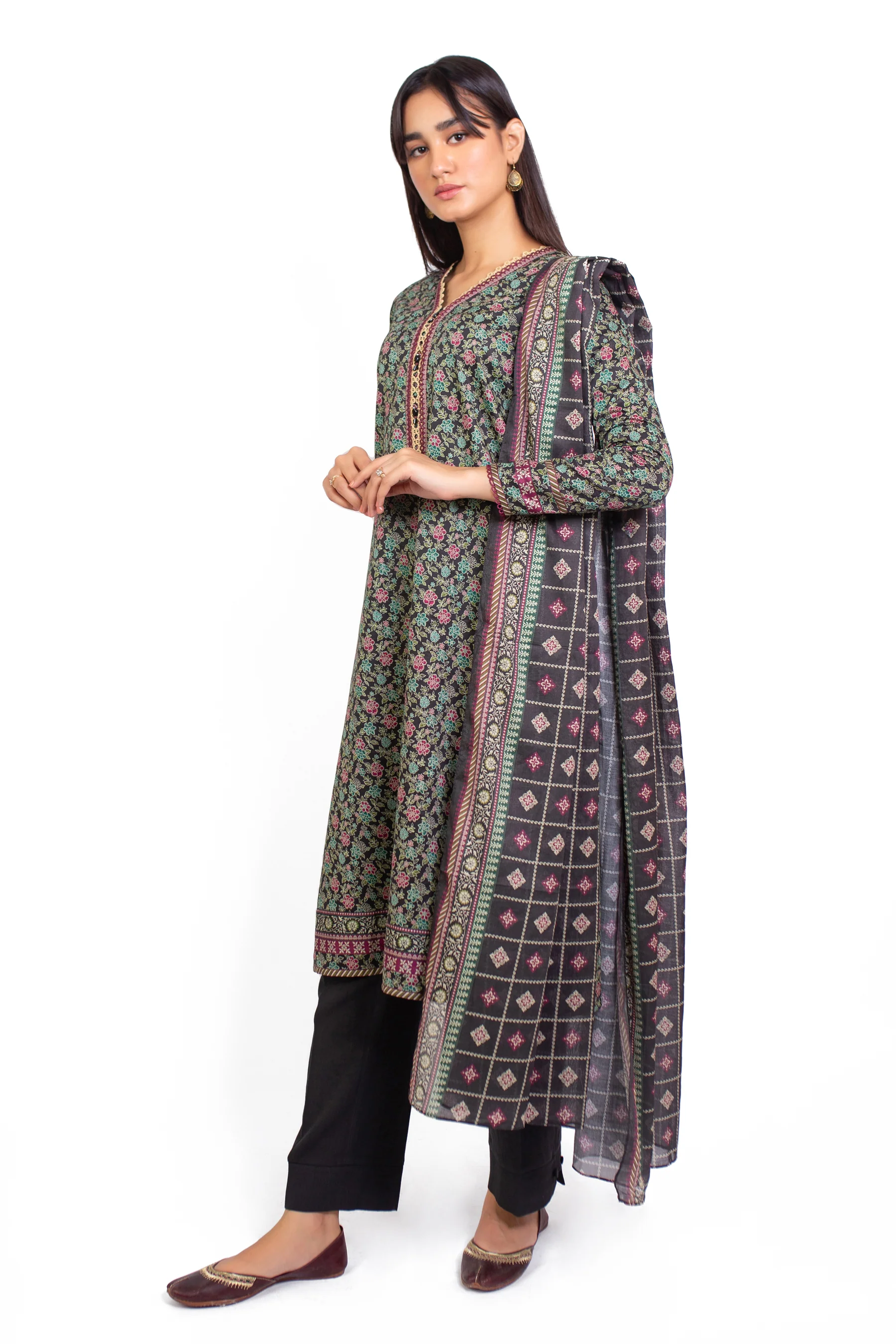 Stitched 3 Piece Printed Cottel Suit - Image 2