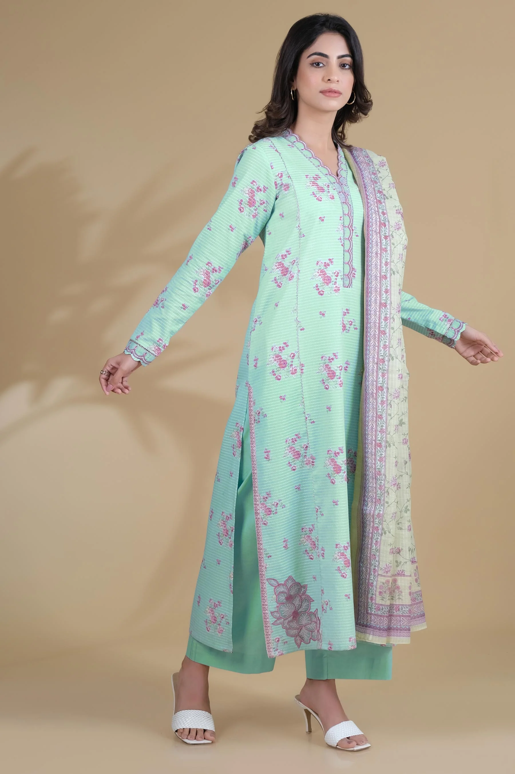 Stitched 3 Piece Printed Dobby Lawn Suit - Image 2