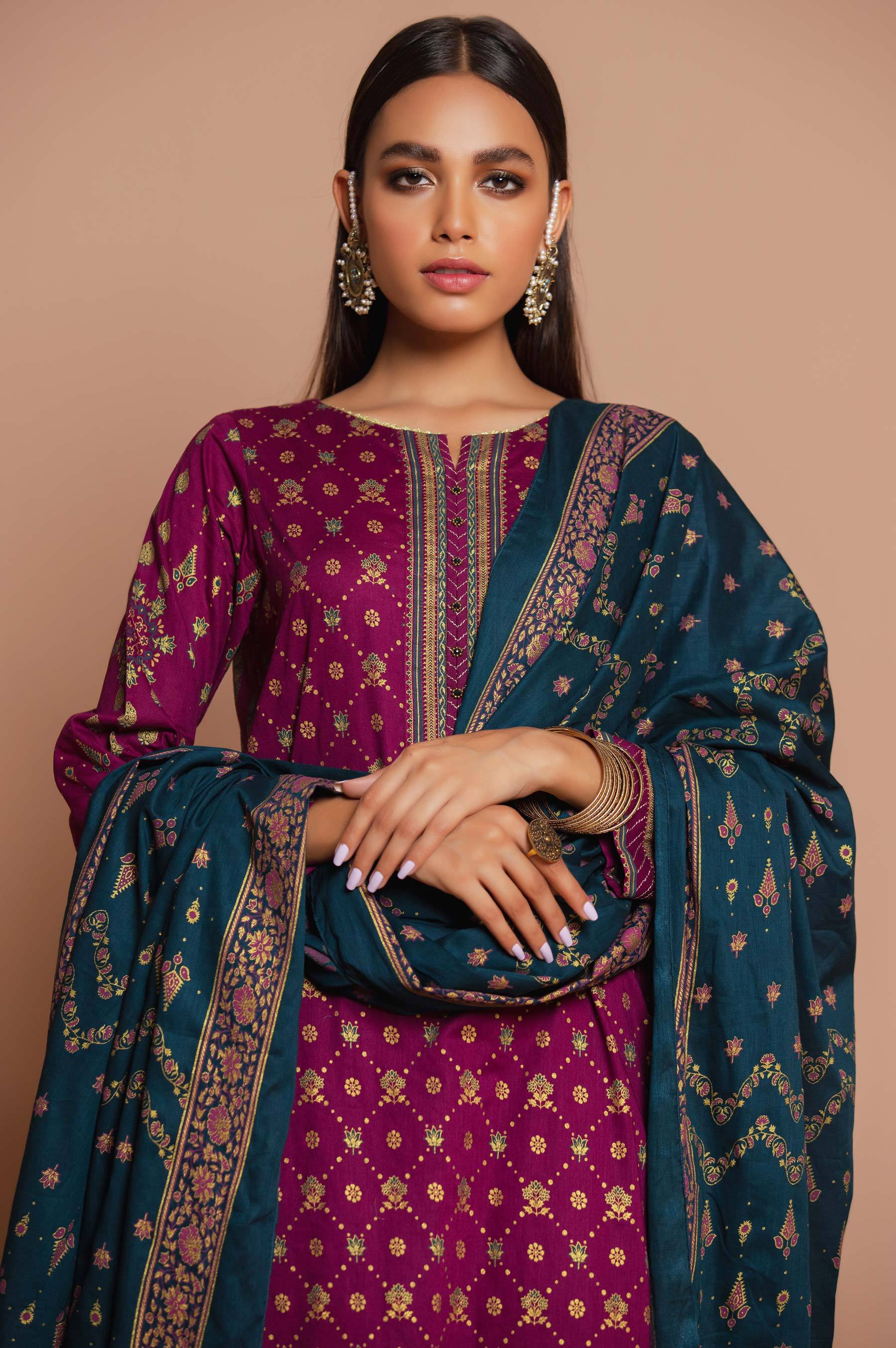 Stitched 3 Piece Printed Gold & Colored Paste Lawn Suit - Image 3