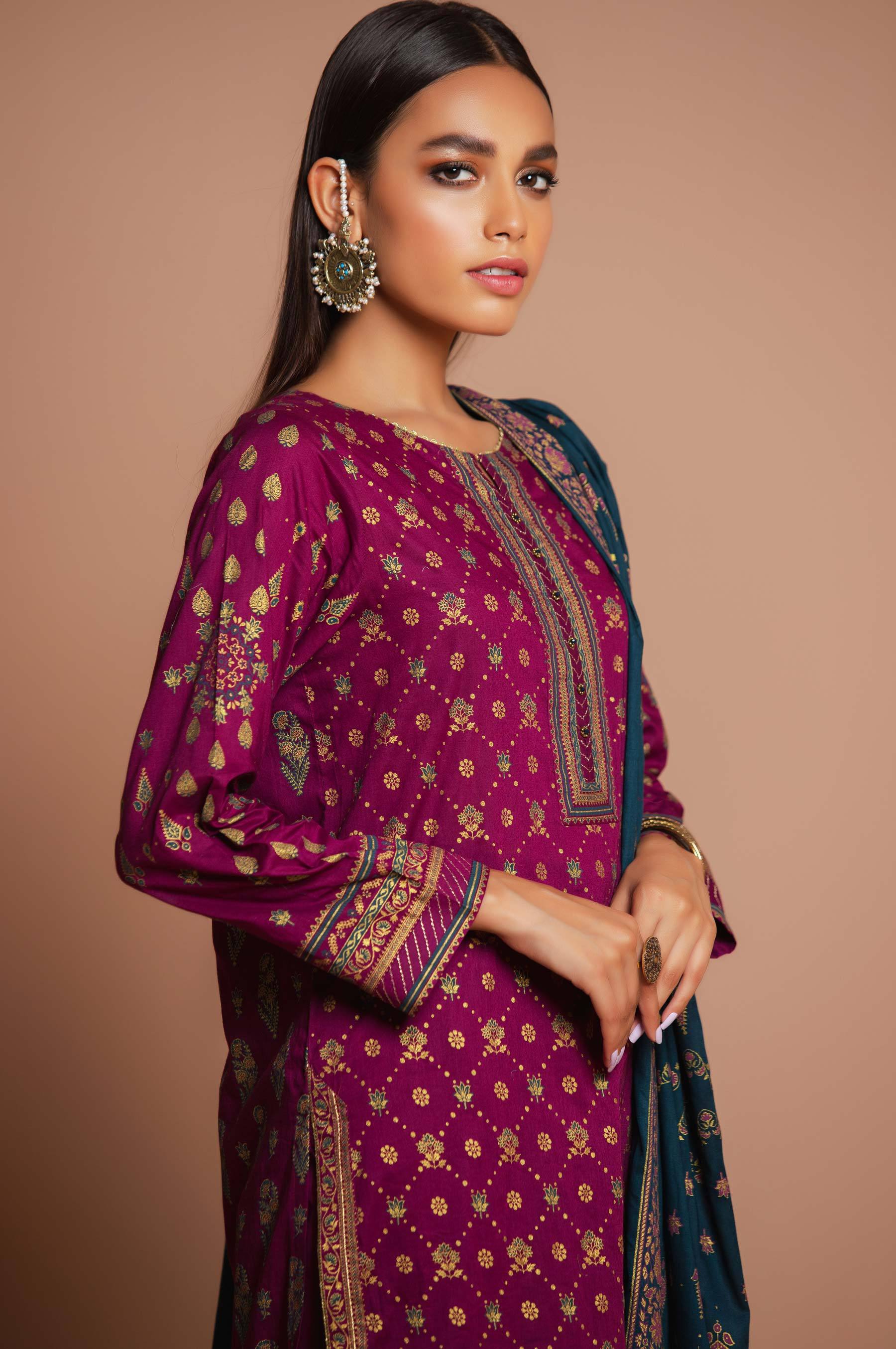 Stitched 3 Piece Printed Gold & Colored Paste Lawn Suit - Image 4